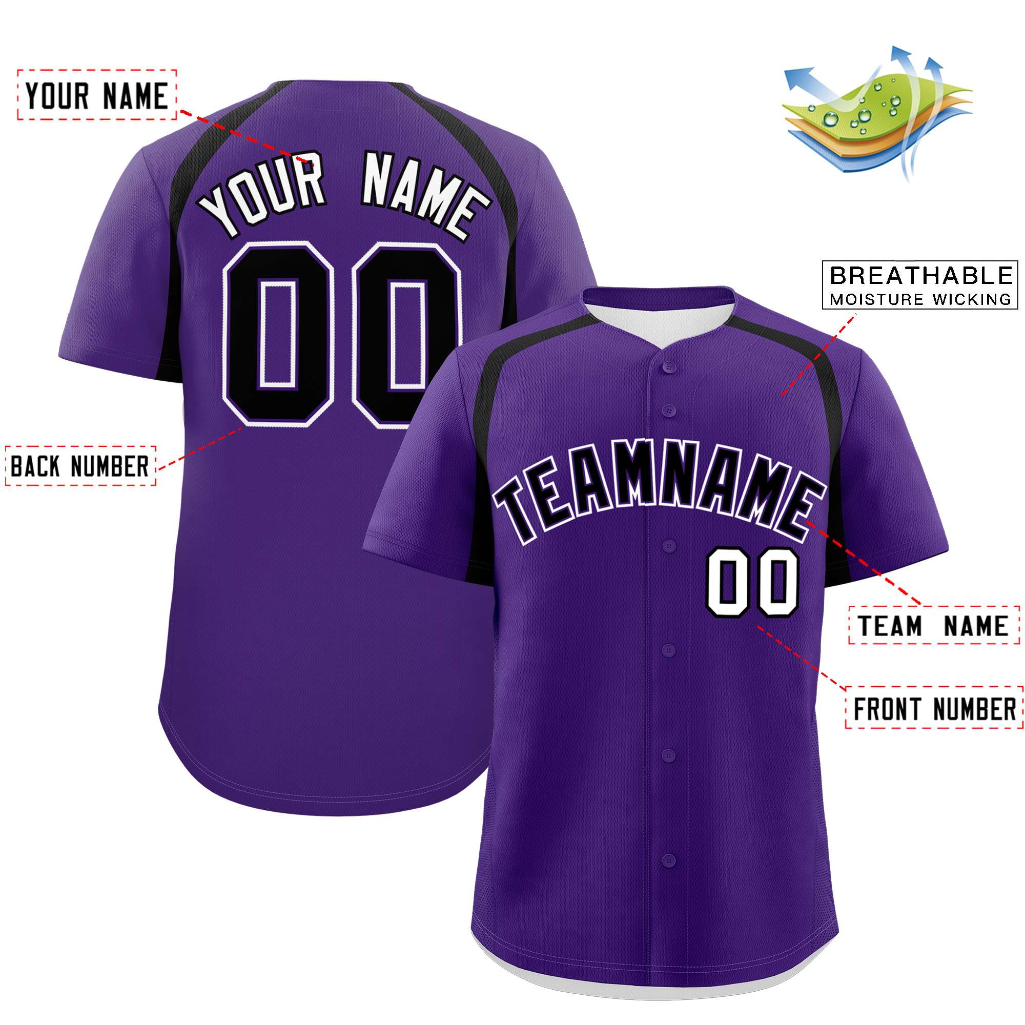 Custom Purple Black Personalized Color Block Authentic Baseball Jersey