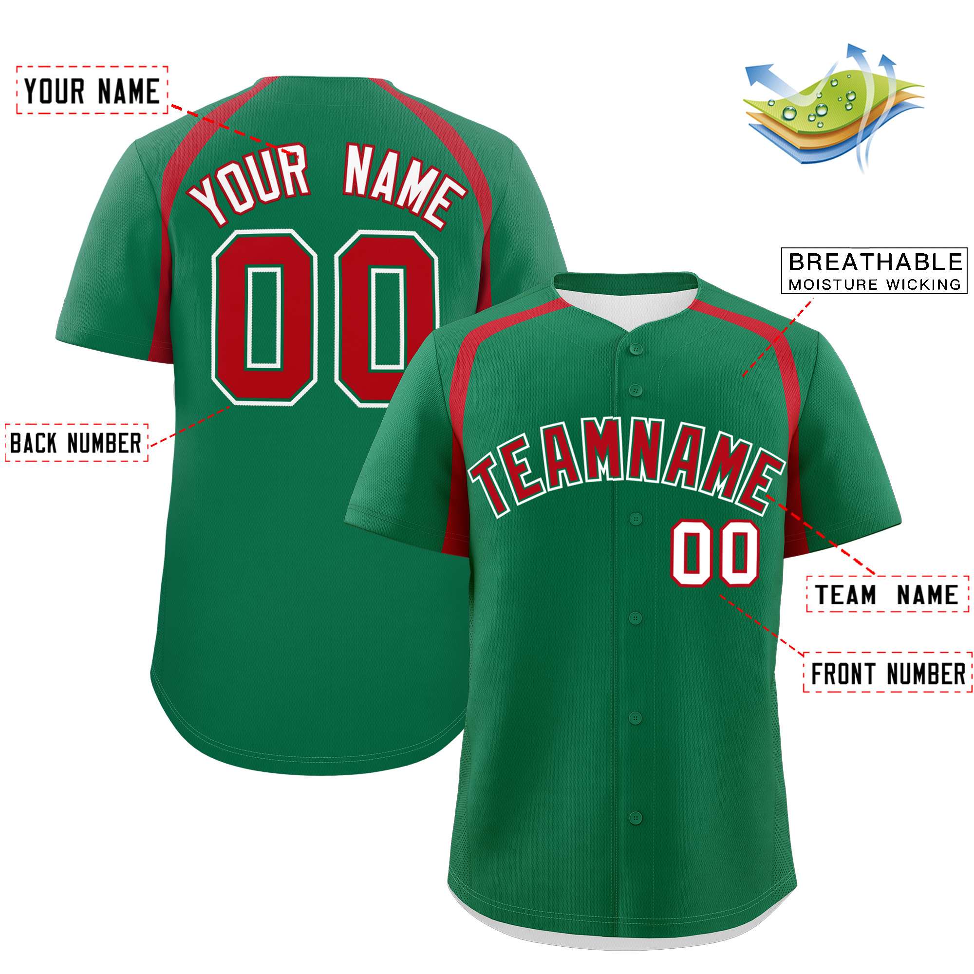 Custom Kelly Green Red Personalized Color Block Authentic Baseball Jersey