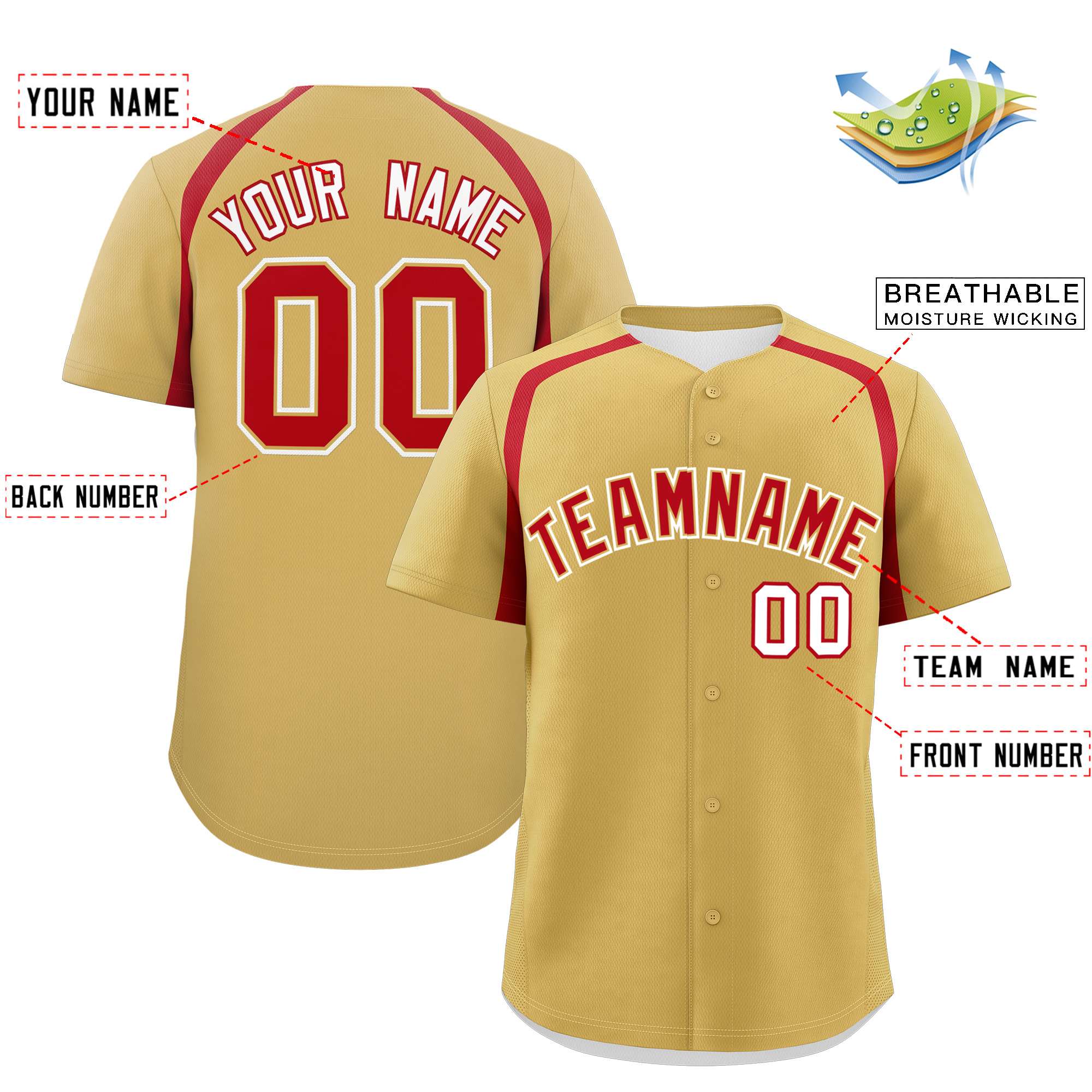 Custom Old Gold Red Personalized Color Block Authentic Baseball Jersey