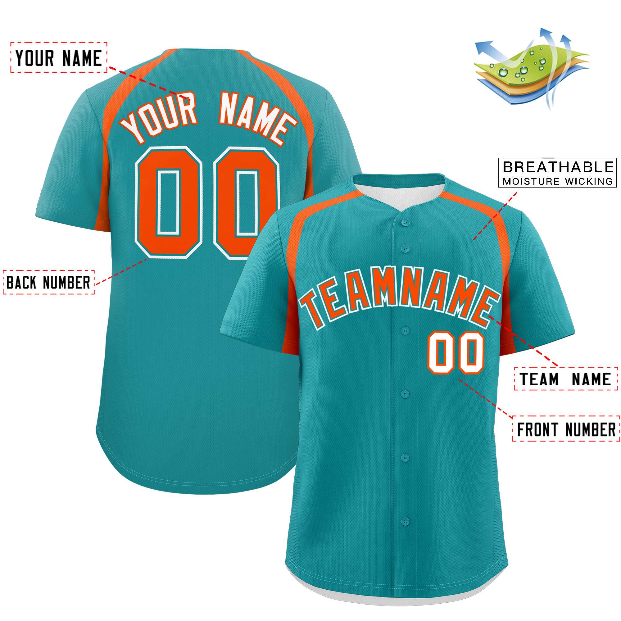 Custom Aqua Orange Personalized Color Block Authentic Baseball Jersey