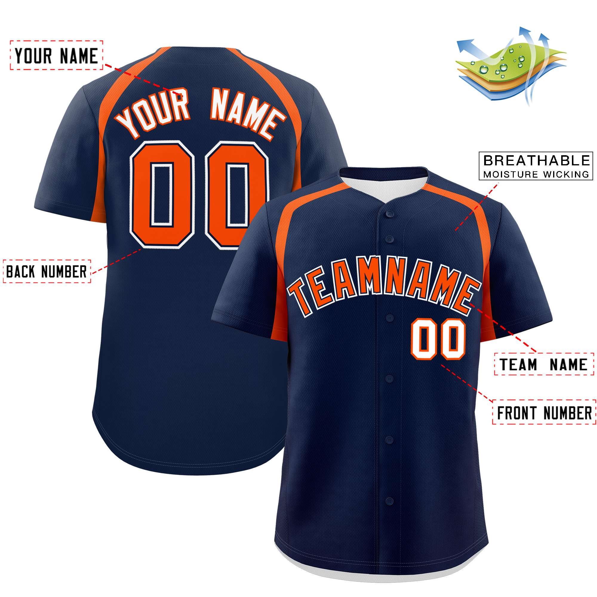 Custom Navy Orange Personalized Color Block Authentic Baseball Jersey