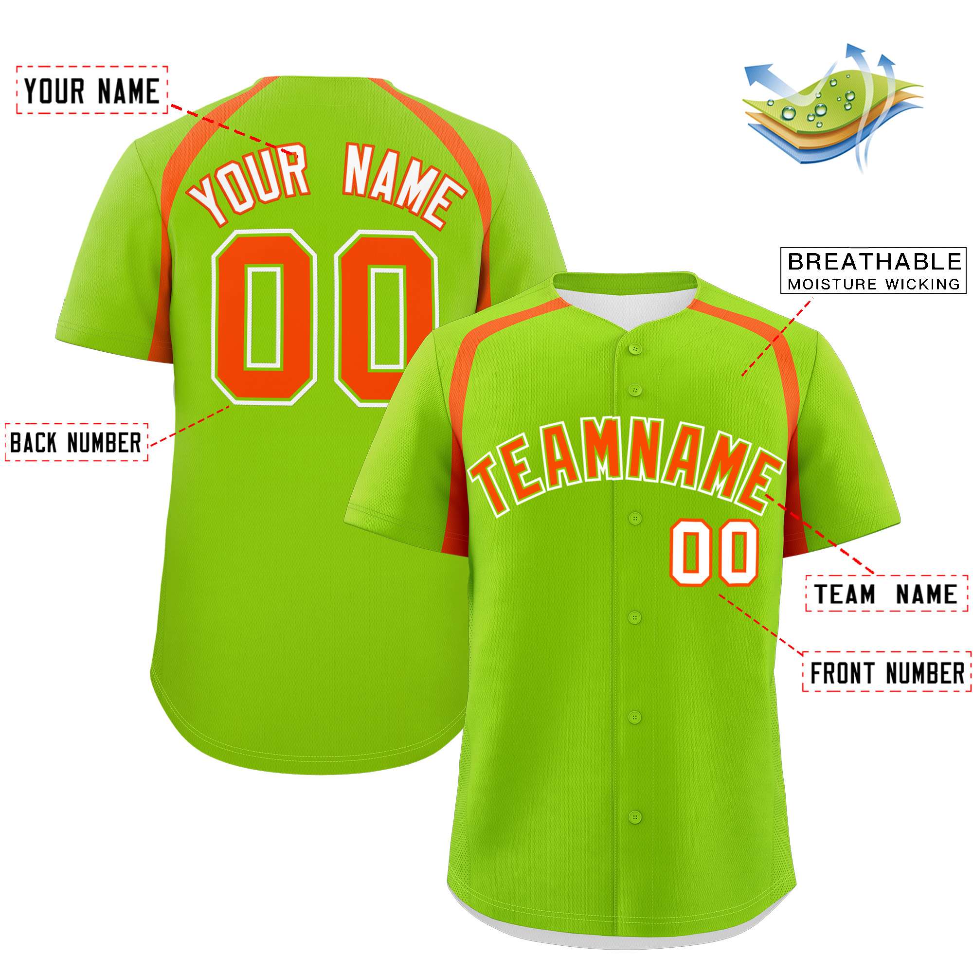 Custom Neon Green Orange Personalized Color Block Authentic Baseball Jersey