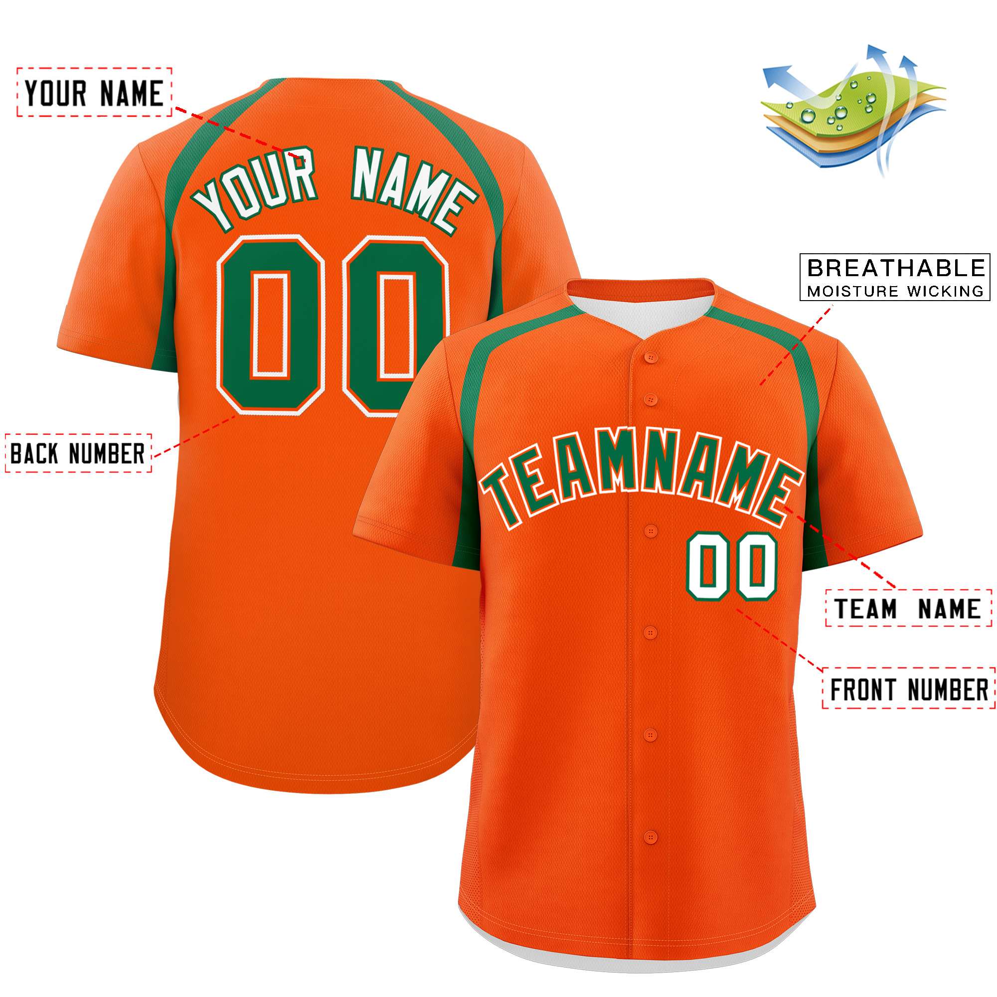 Custom Orange Kelly Green Personalized Color Block Authentic Baseball Jersey