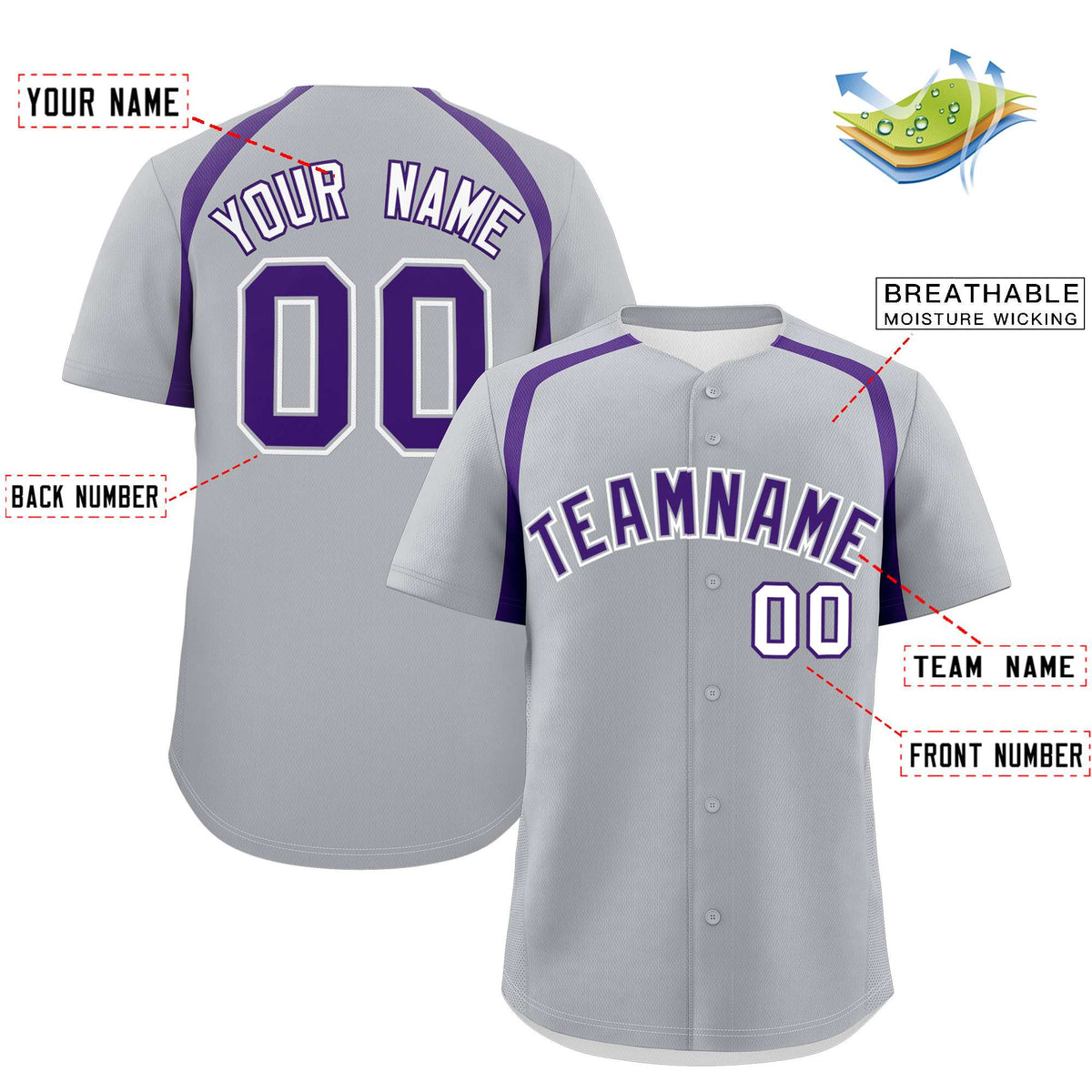 Custom Silver Purple Personalized Color Block Authentic Baseball Jersey| KXKSHOP