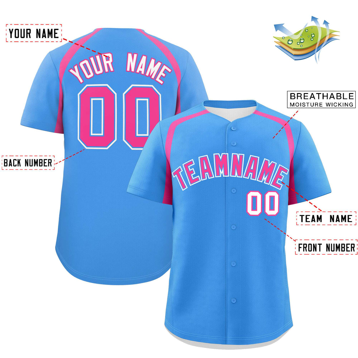 Custom Powder Blue Pink Personalized Color Block Authentic Baseball Jersey| KXKSHOP
