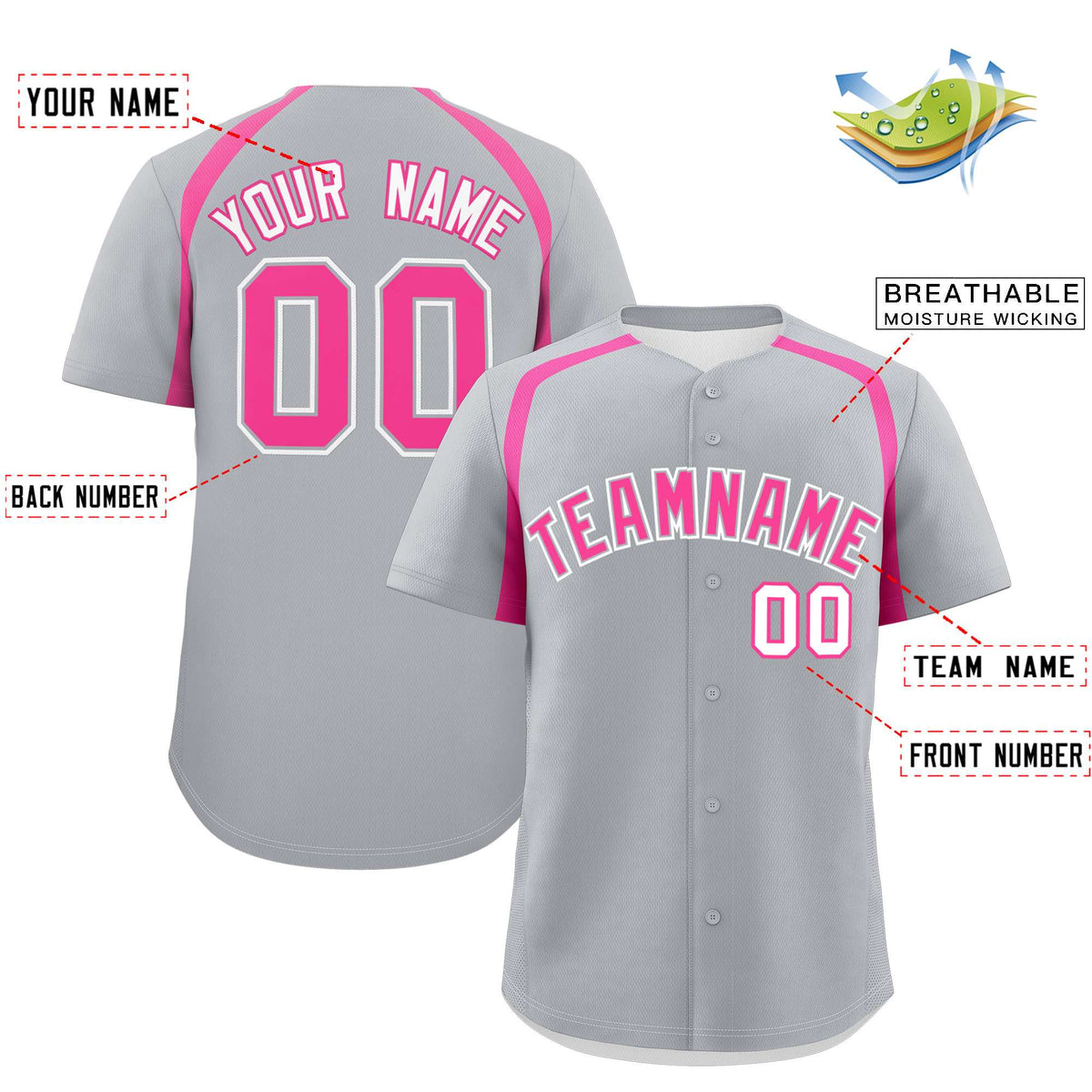 Custom Silver Pink Personalized Color Block Authentic Baseball Jersey| KXKSHOP
