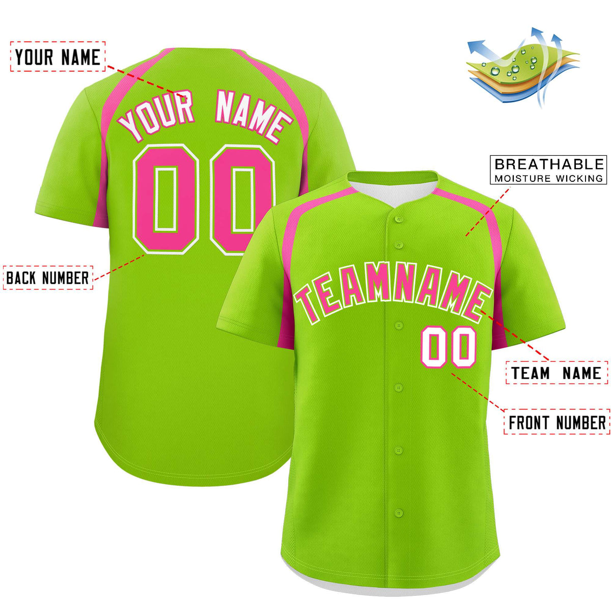 Custom Neon Green Pink Personalized Color Block Authentic Baseball Jersey| KXKSHOP