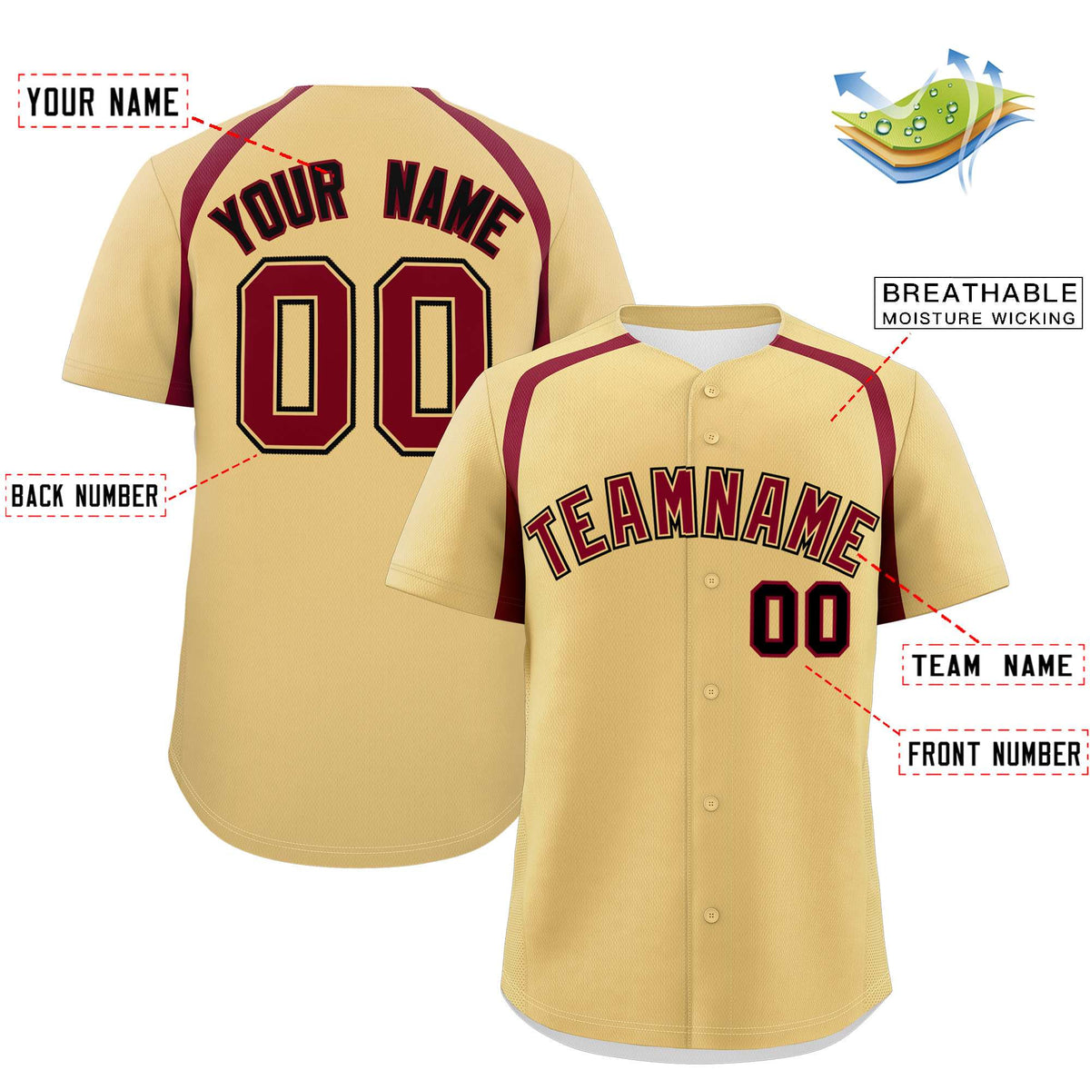 Custom Khaki Crimson Personalized Color Block Authentic Baseball Jersey| KXKSHOP