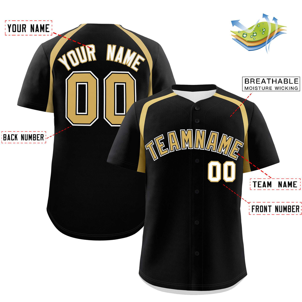 Custom Black Old Gold Personalized Color Block Authentic Baseball Jersey| KXKSHOP