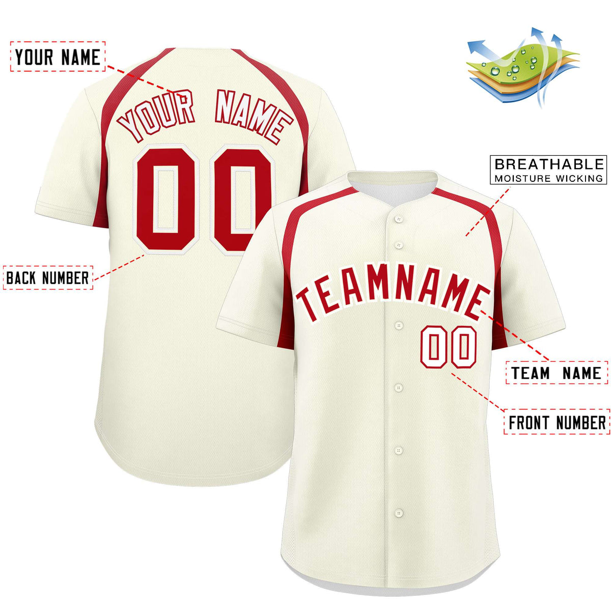 Custom Cream Red Personalized Color Block Authentic Baseball Jersey| KXKSHOP