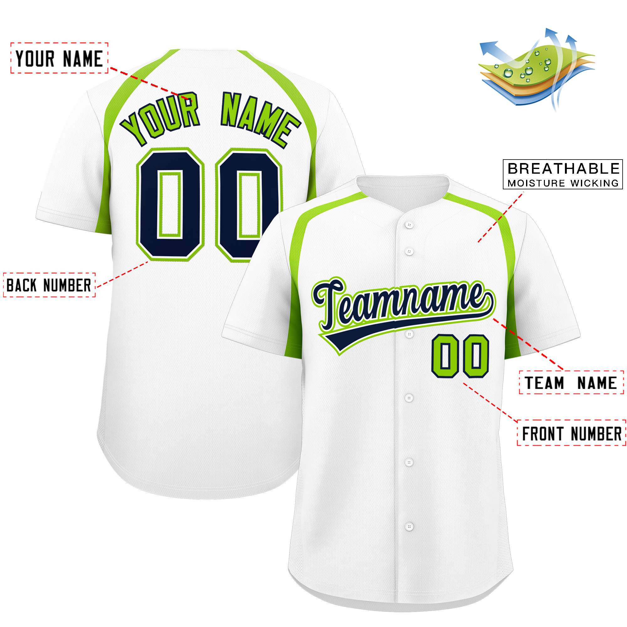 Custom White Neon Green Personalized Color Block Authentic Baseball Jersey