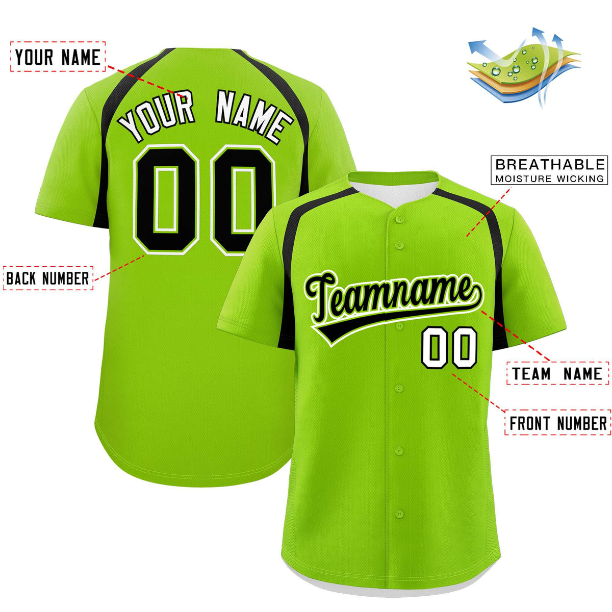 Custom Neon Green Black Personalized Color Block Authentic Baseball Jersey