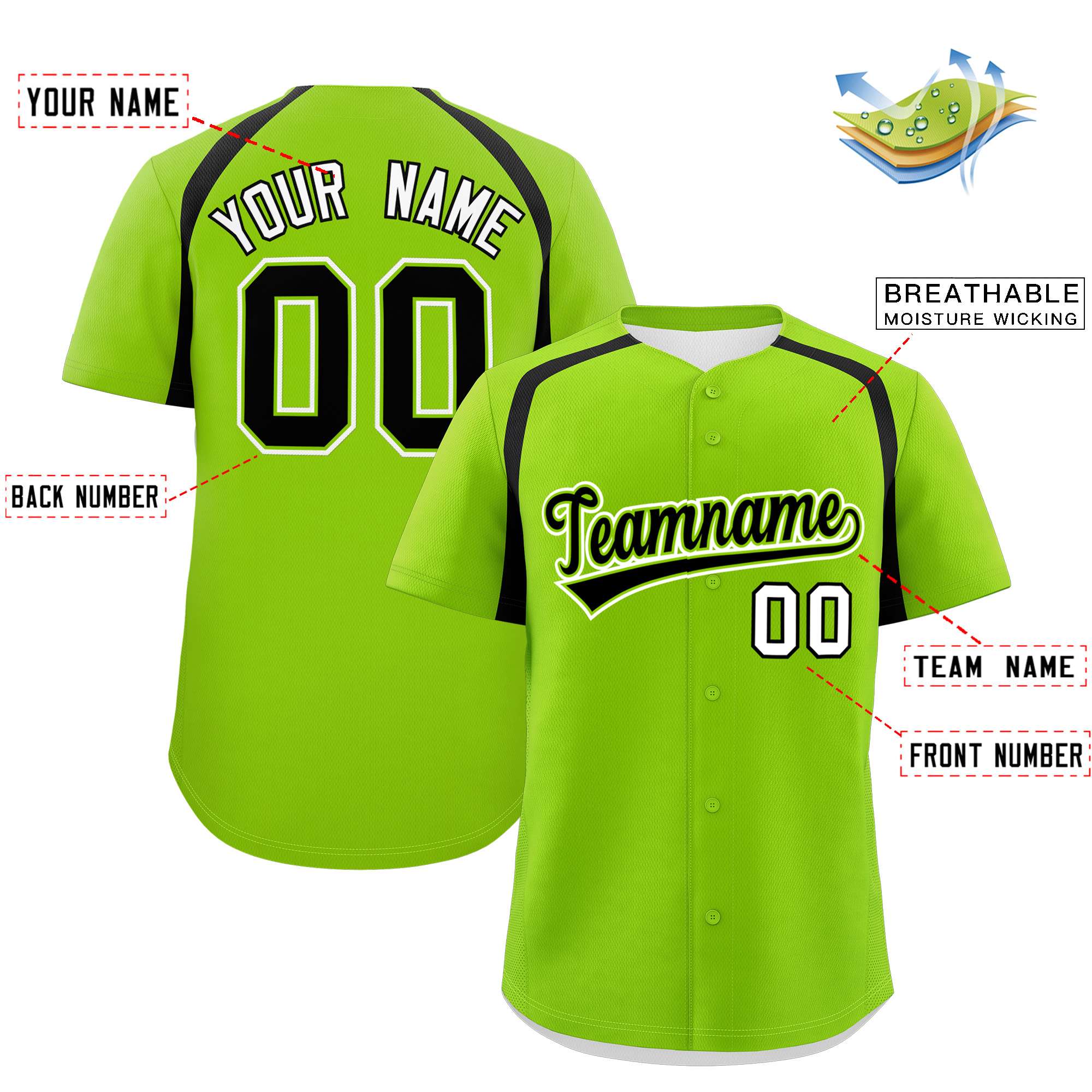 Custom Neon Green Black Personalized Color Block Authentic Baseball Jersey