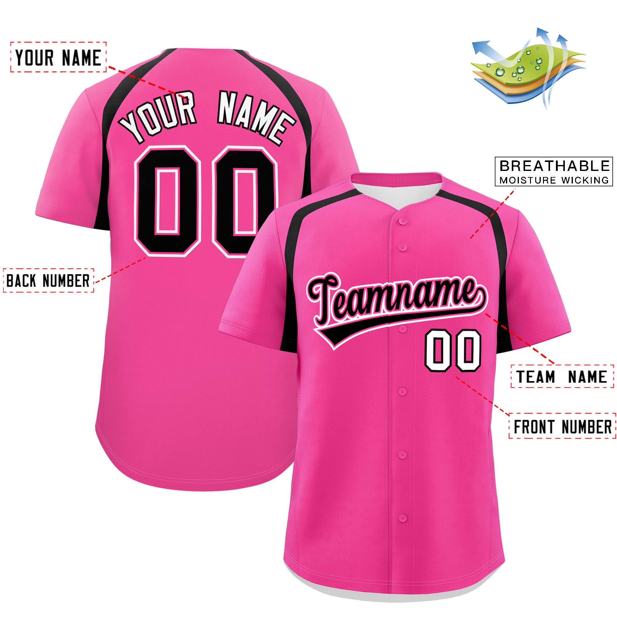 Custom Pink Black Personalized Color Block Authentic Baseball Jersey
