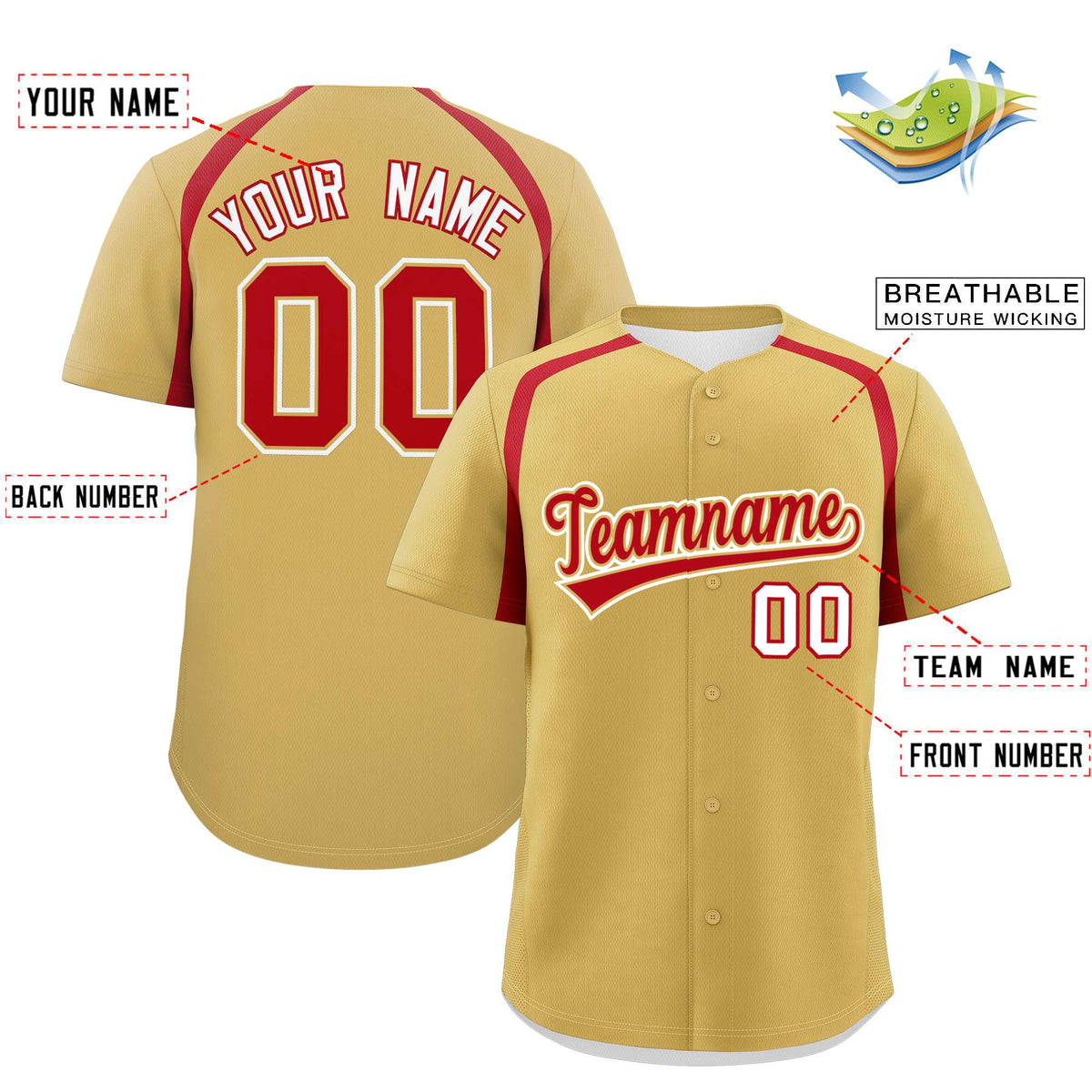 Custom Old Gold Red Personalized Color Block Authentic Baseball Jersey