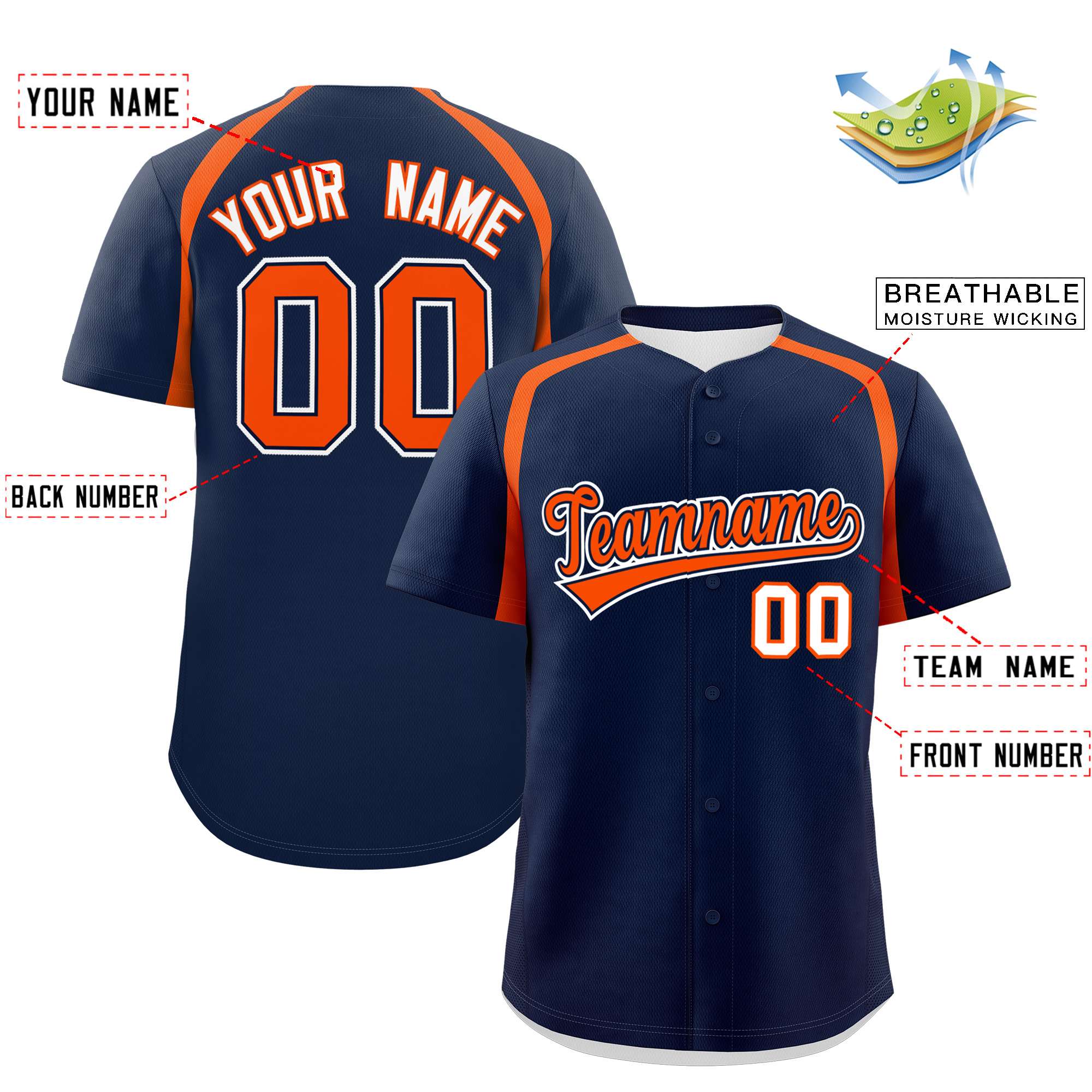 Custom Navy Orange Personalized Color Block Authentic Baseball Jersey