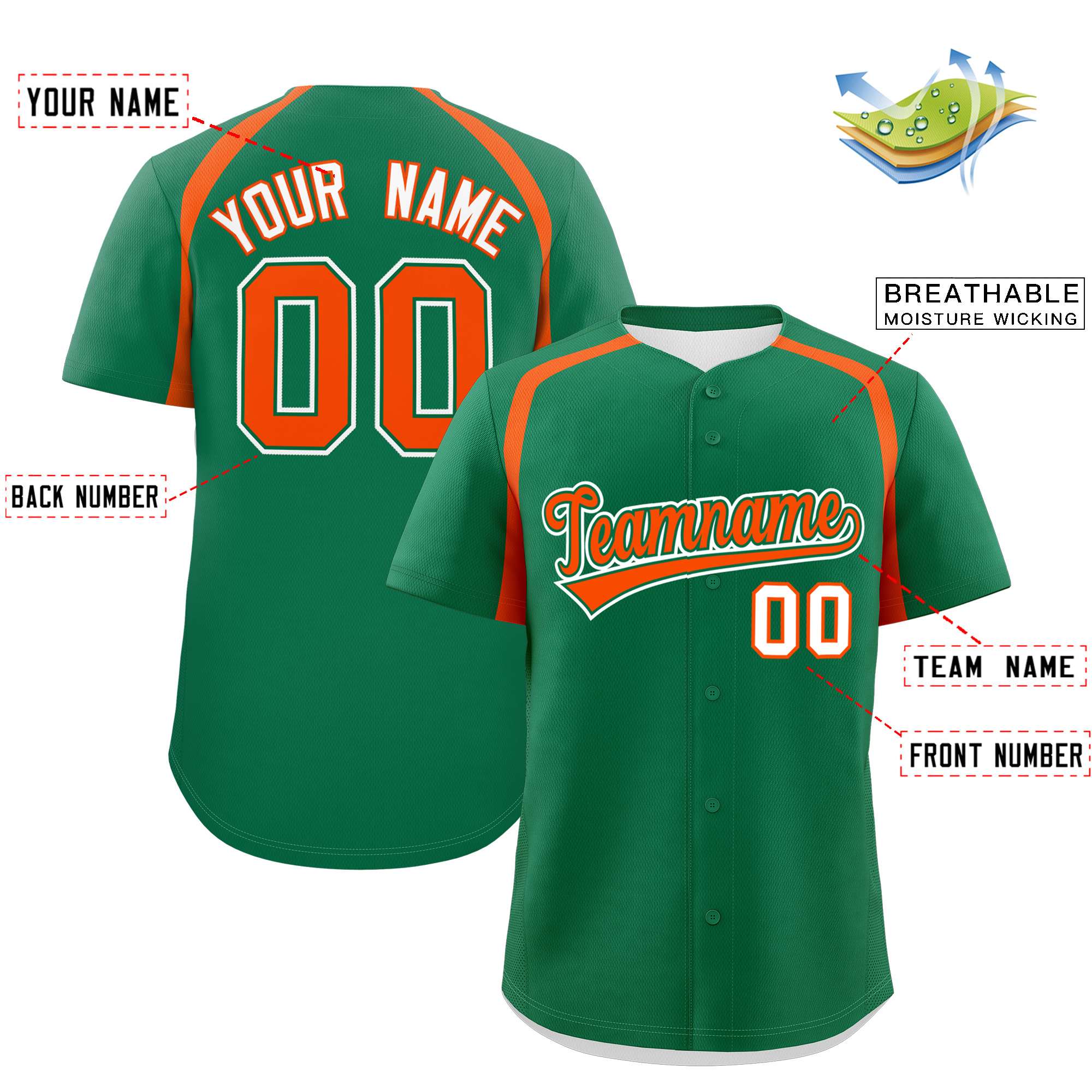 Custom Kelly Green Orange Personalized Color Block Authentic Baseball Jersey