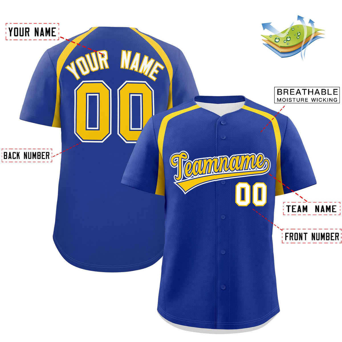 Custom Royal Gold Personalized Color Block Authentic Baseball Jersey