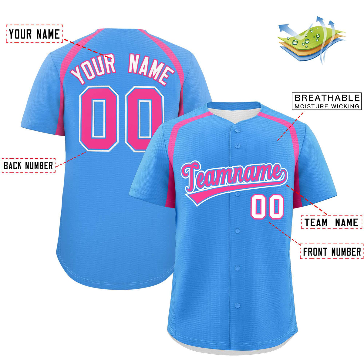 Custom Powder Blue Pink Personalized Color Block Authentic Baseball Jersey| KXKSHOP
