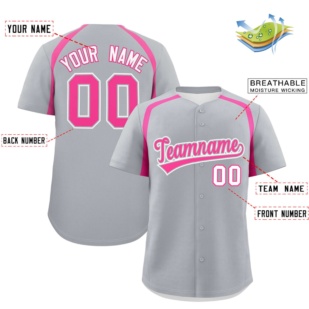 Custom Silver Pink Personalized Color Block Authentic Baseball Jersey| KXKSHOP
