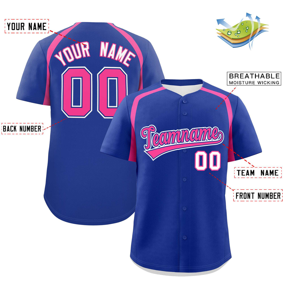 Custom Royal Pink Personalized Color Block Authentic Baseball Jersey| KXKSHOP