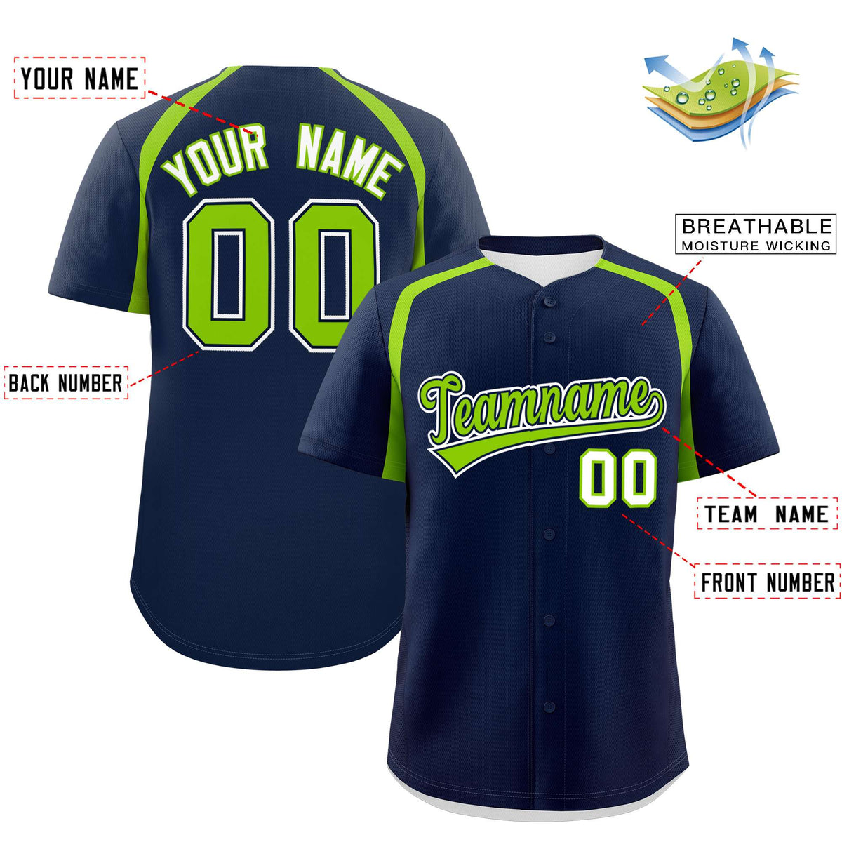 Custom Navy Neon Green Personalized Color Block Authentic Baseball Jersey| KXKSHOP