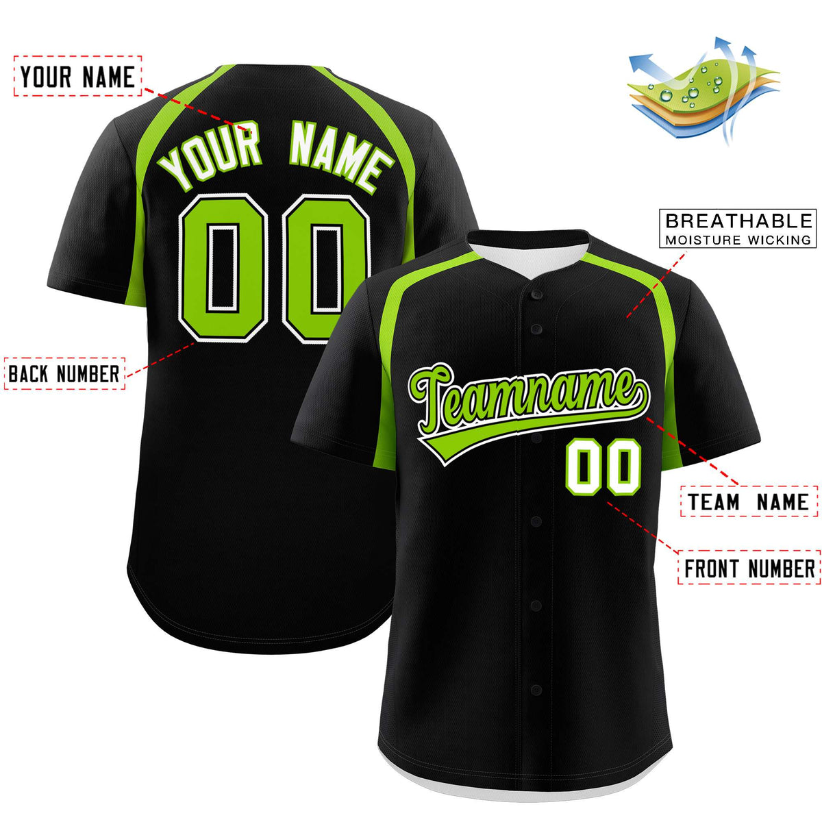 Custom Black Neon Green Personalized Color Block Authentic Baseball Jersey| KXKSHOP
