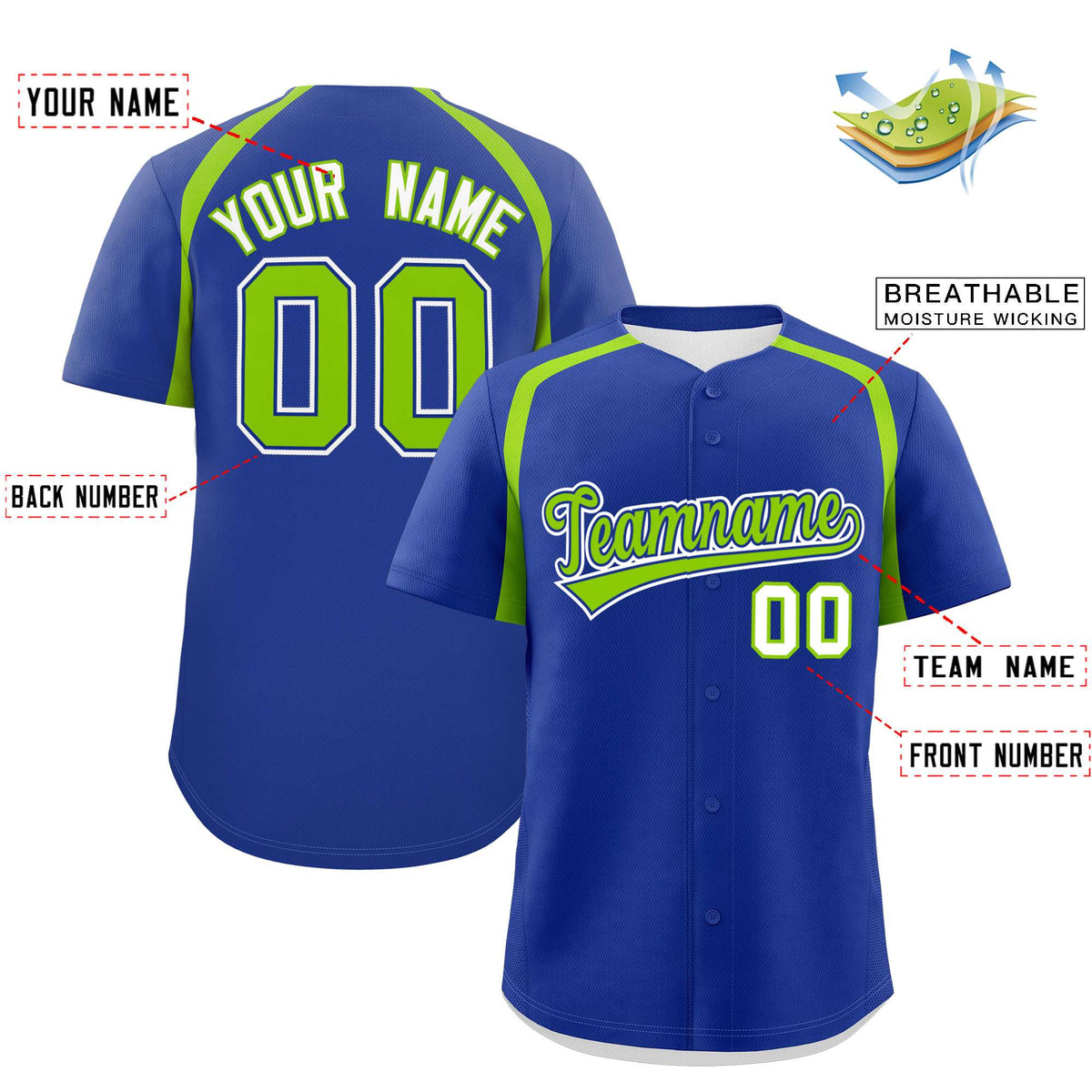 Custom Royal Neon Green Personalized Color Block Authentic Baseball Jersey| KXKSHOP