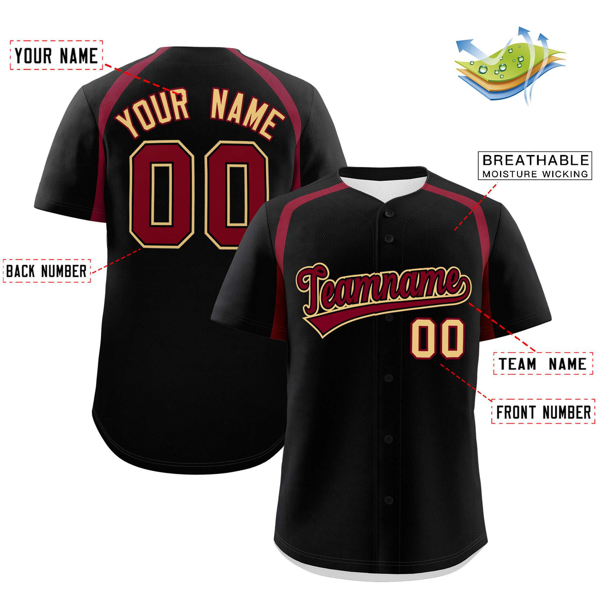 Custom Black Crimson Personalized Color Block Authentic Baseball Jersey| KXKSHOP