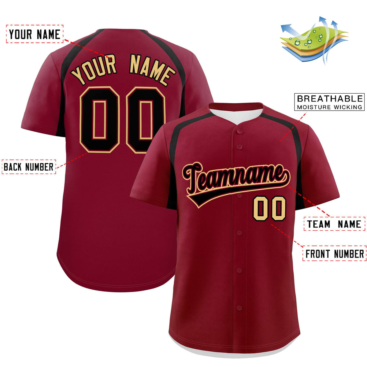 Custom Crimson Black Personalized Color Block Authentic Baseball Jersey| KXKSHOP