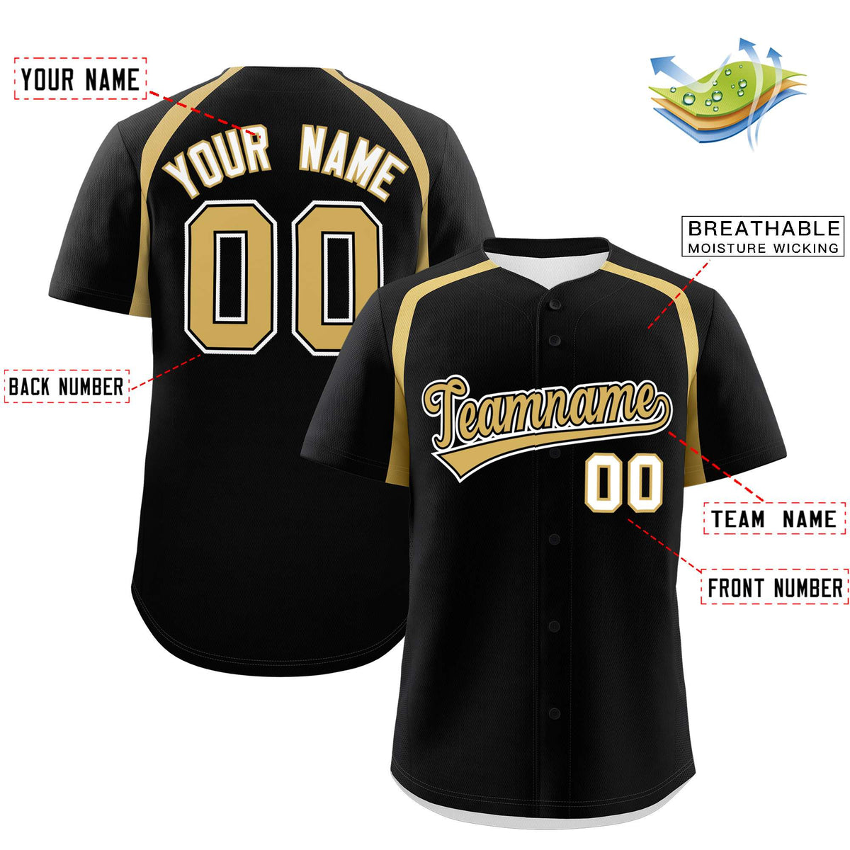 Custom Black Old Gold Personalized Color Block Authentic Baseball Jersey| KXKSHOP