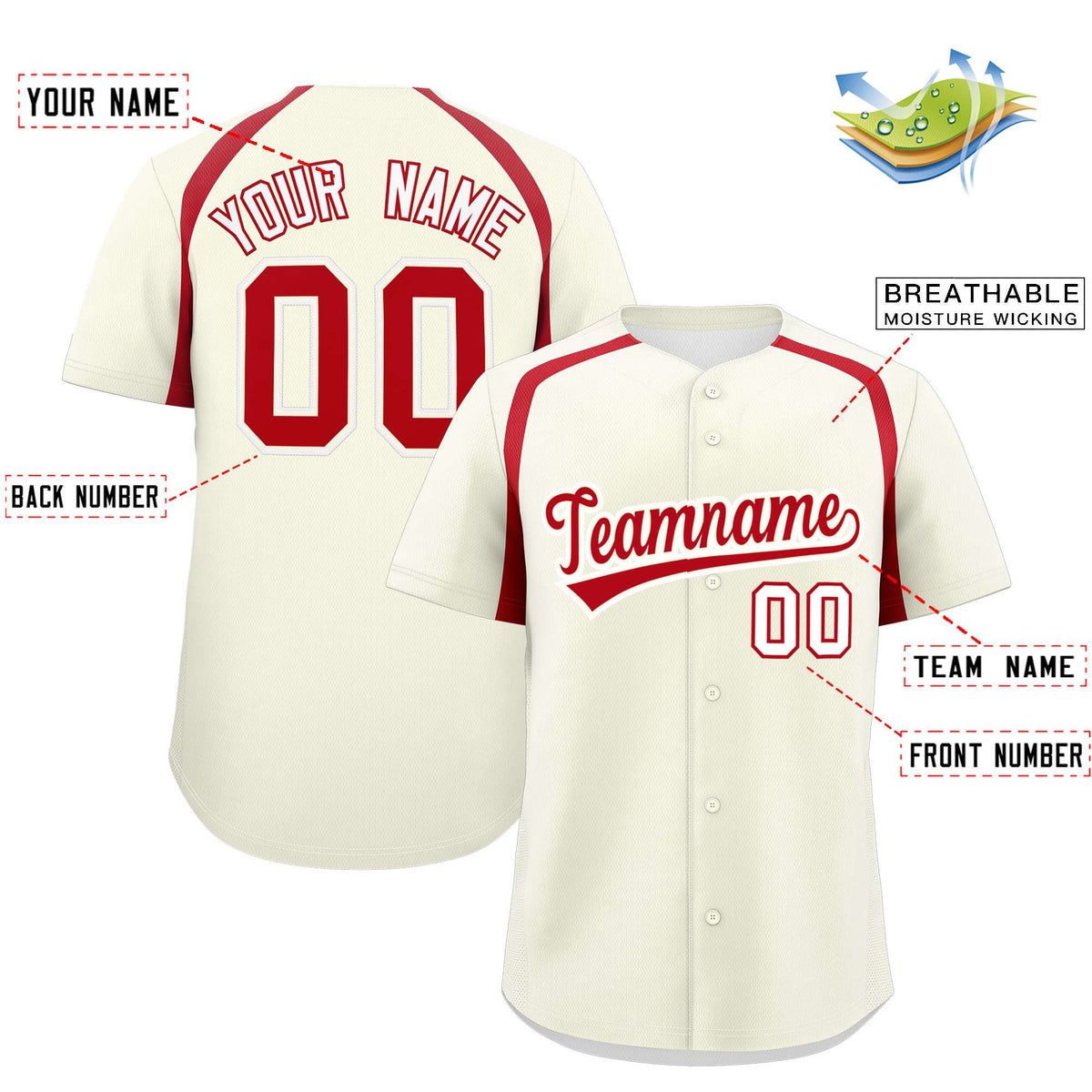 Custom Cream Red Personalized Color Block Authentic Baseball Jersey| KXKSHOP