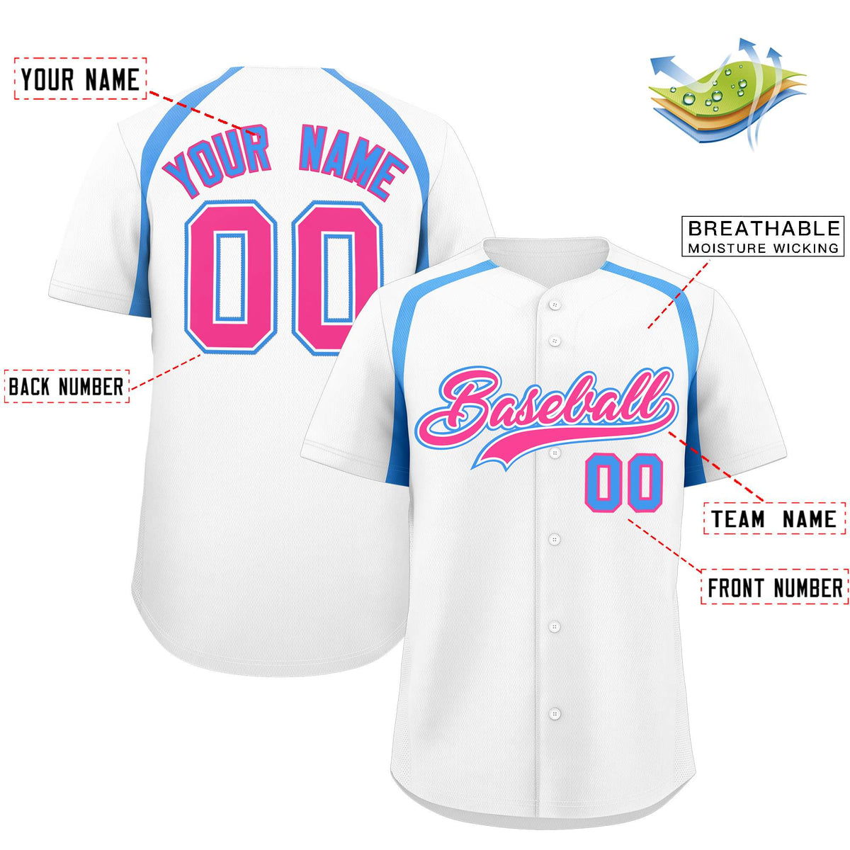 Custom White Powder Blue Personalized Color Block Authentic Baseball Jersey