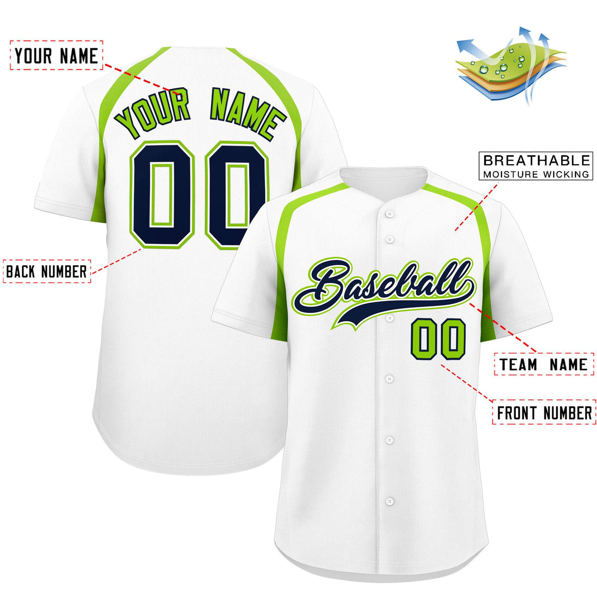 Custom White Neon Green Personalized Color Block Authentic Baseball Jersey