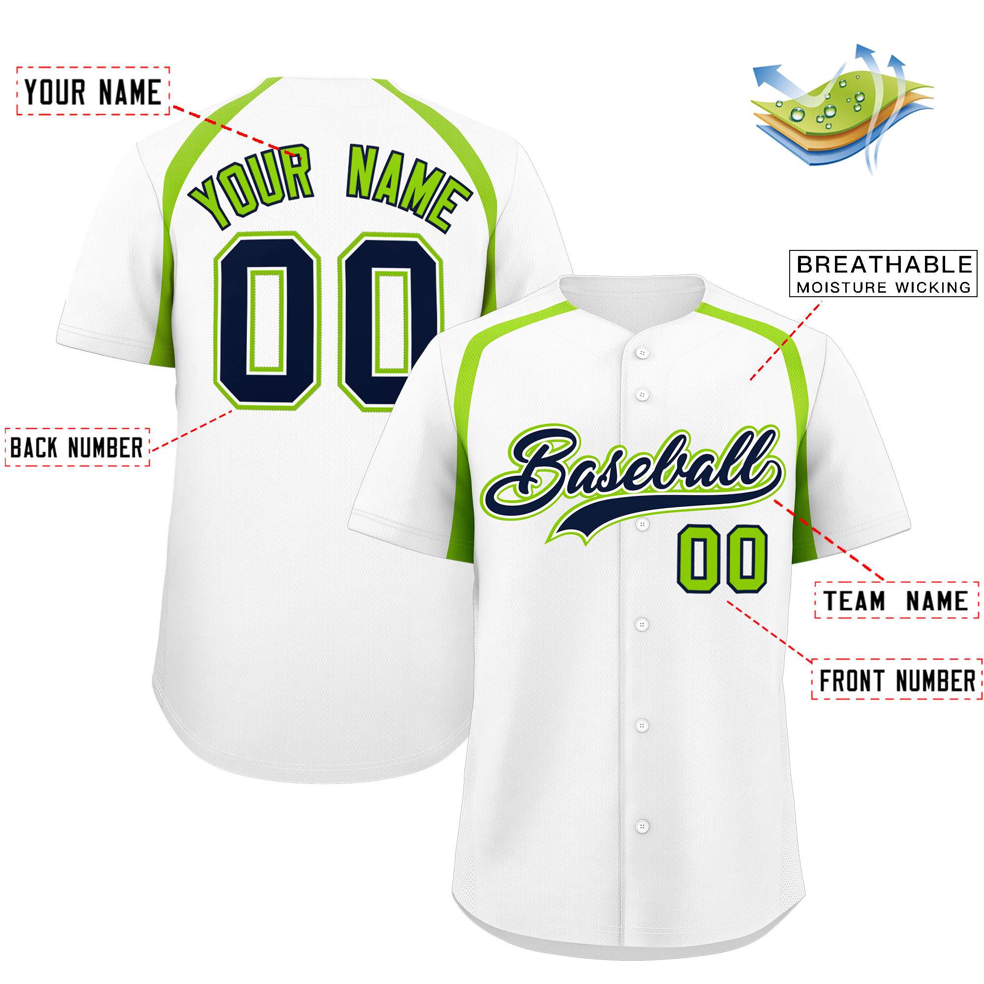 Custom White Neon Green Personalized Color Block Authentic Baseball Jersey