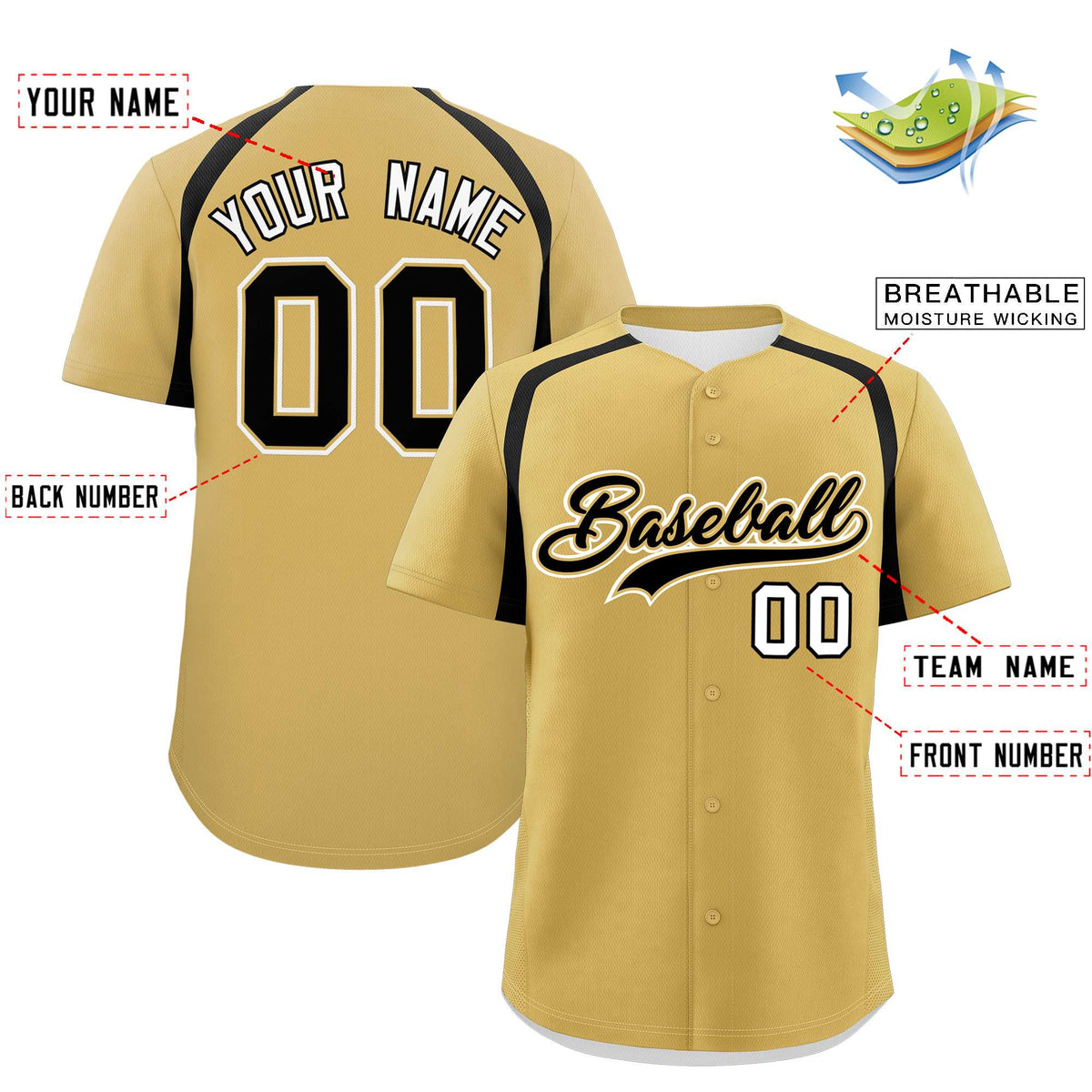 Custom Old Gold Black Personalized Color Block Authentic Baseball Jersey
