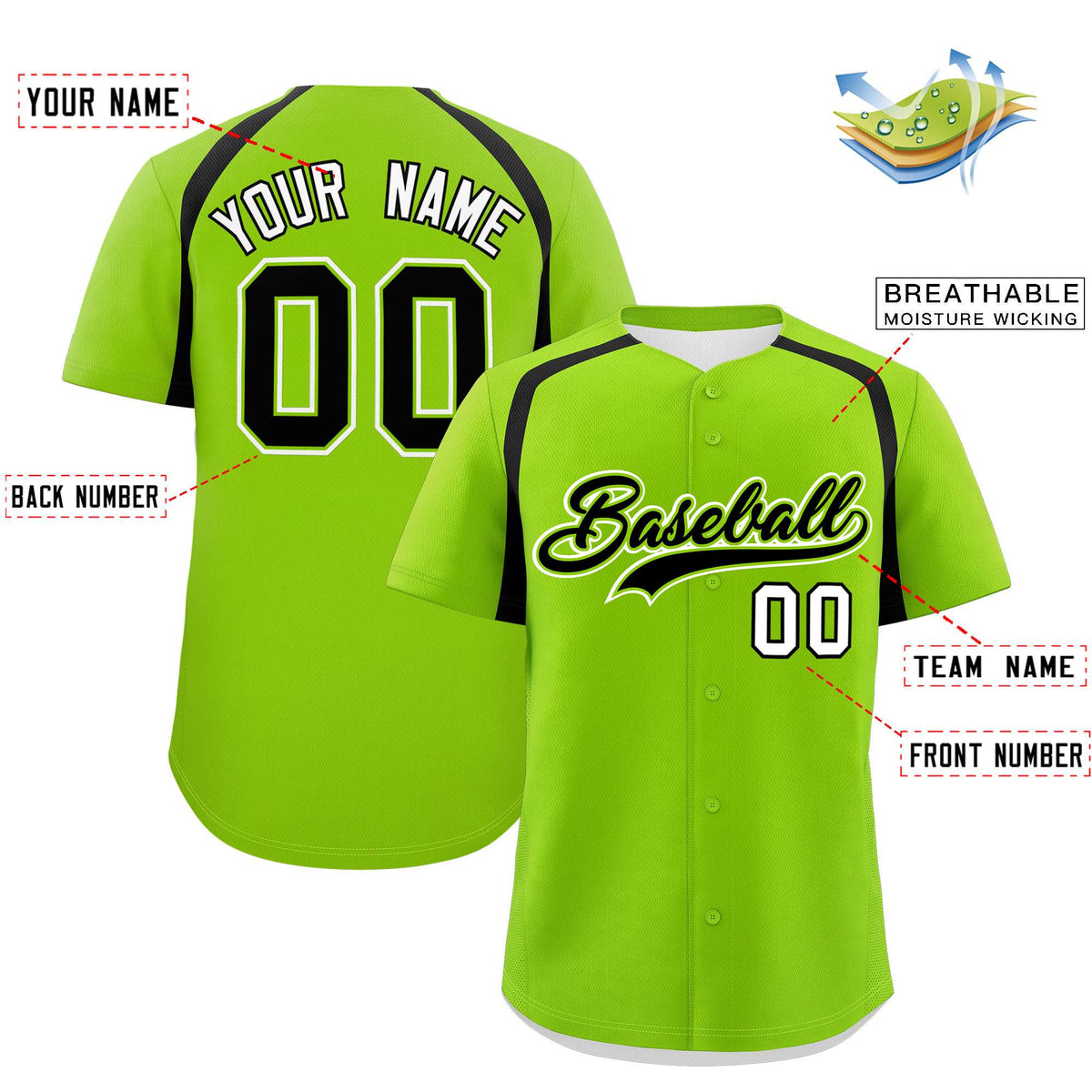 Custom Neon Green Black Personalized Color Block Authentic Baseball Jersey