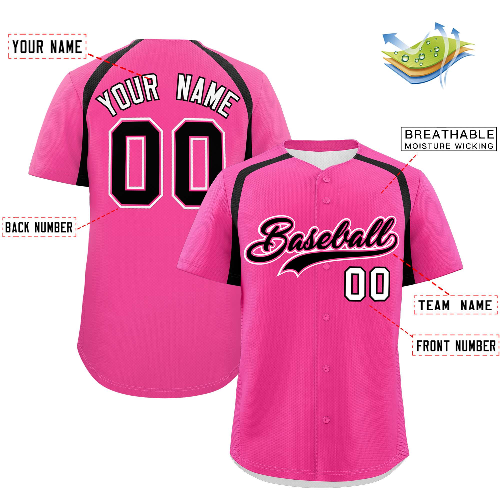 Custom Pink Black Personalized Color Block Authentic Baseball Jersey