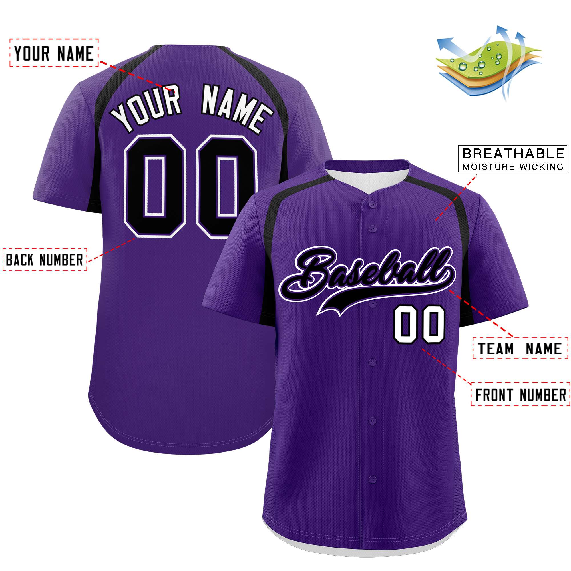 Custom Purple Black Personalized Color Block Authentic Baseball Jersey