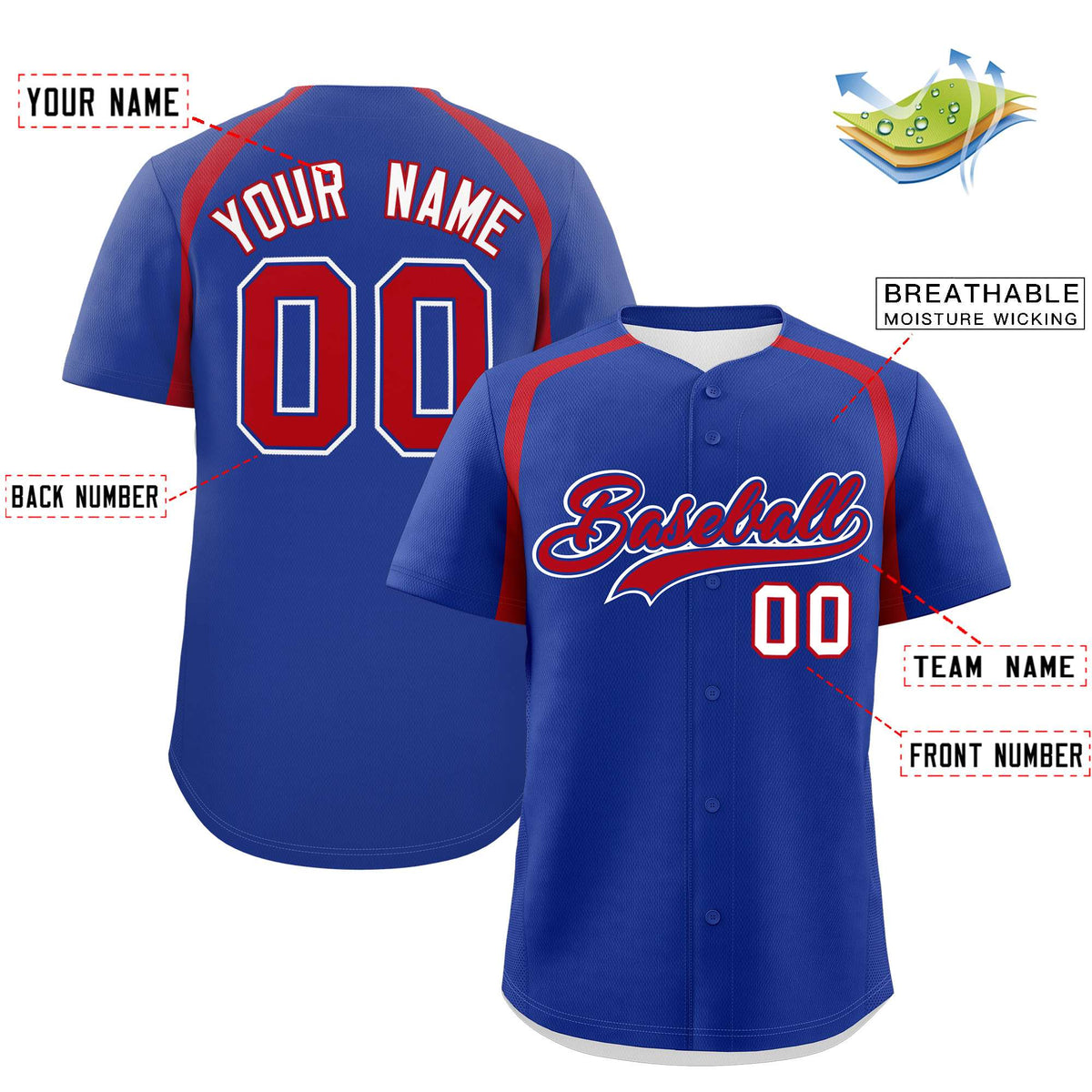 Custom Royal Red Personalized Color Block Authentic Baseball Jersey