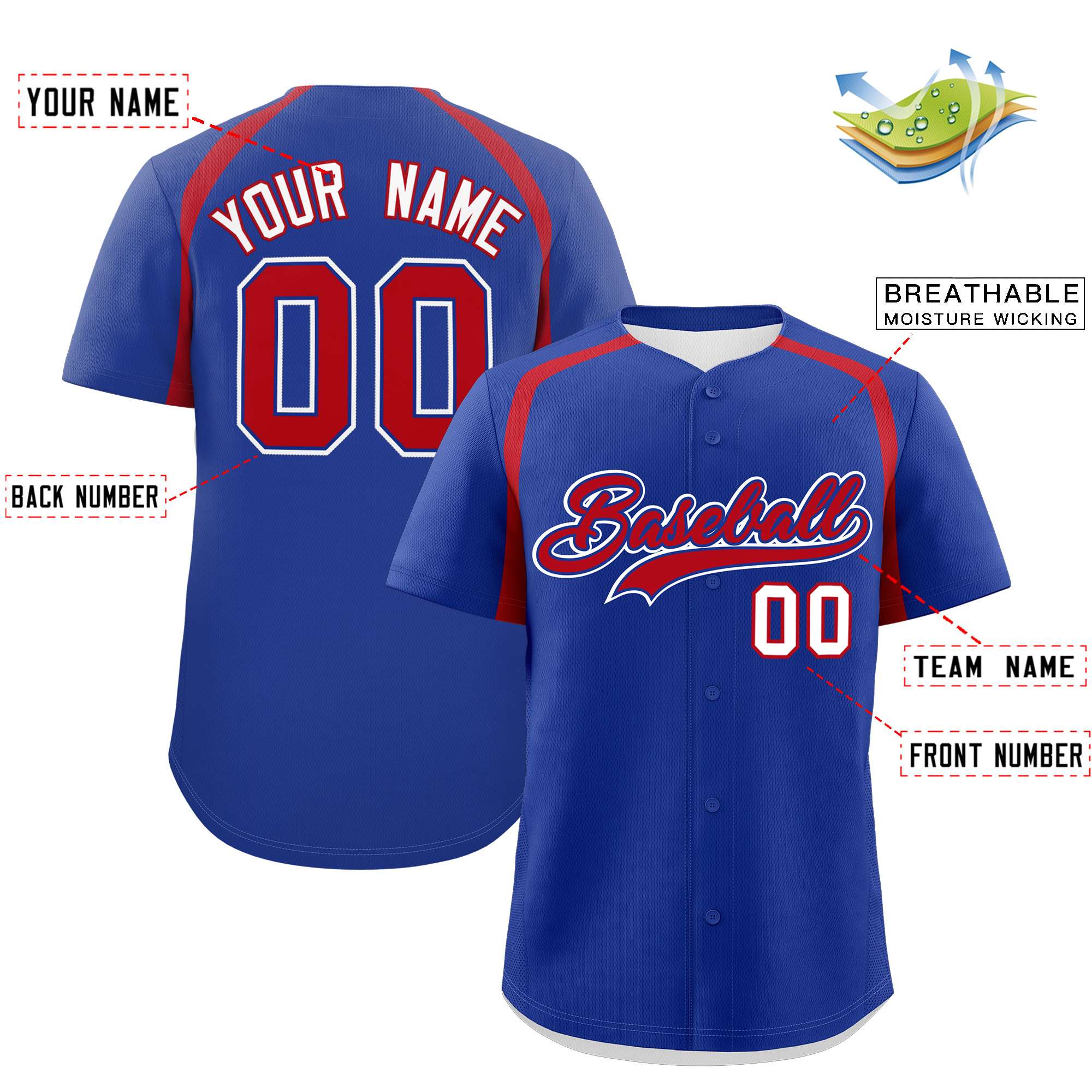 Custom Royal Red Personalized Color Block Authentic Baseball Jersey