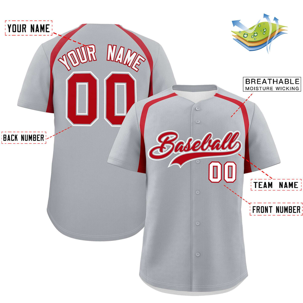 Custom Silver Red Personalized Color Block Authentic Baseball Jersey