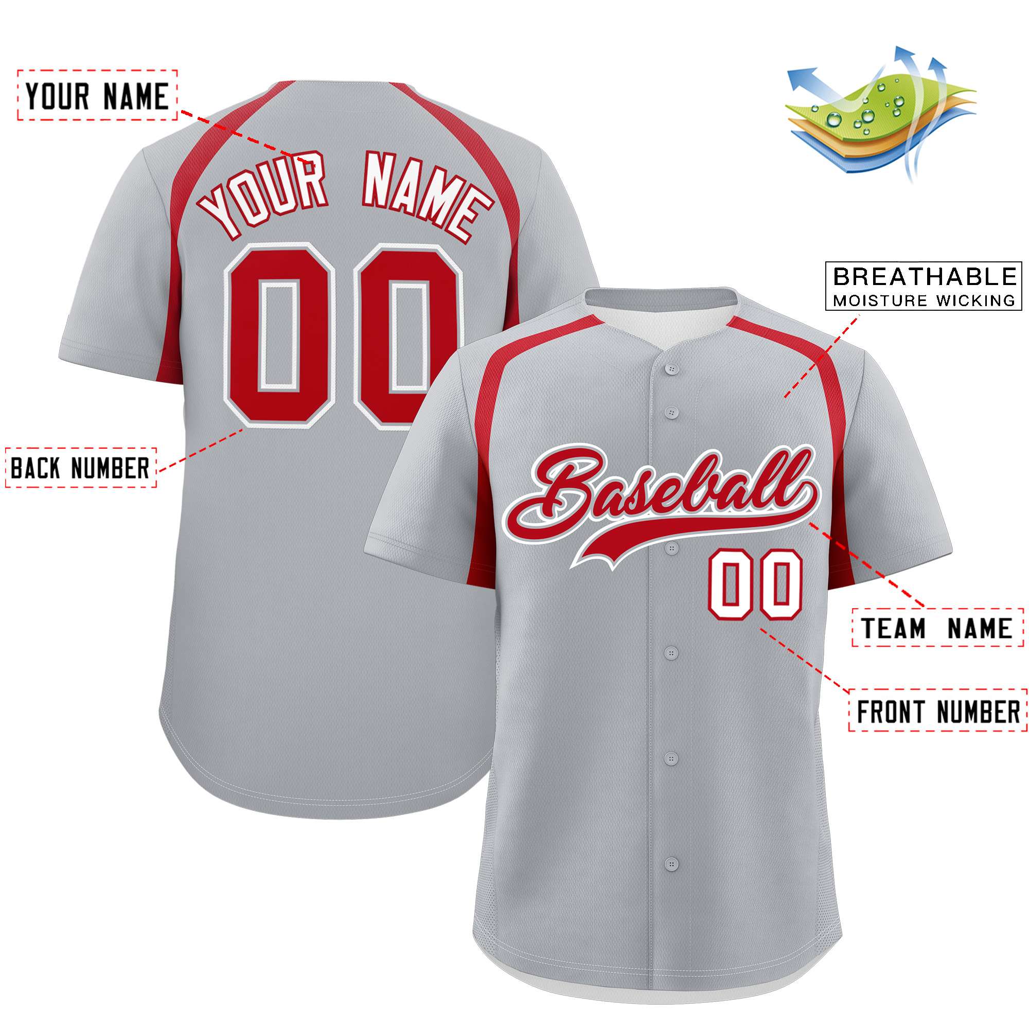 Custom Silver Red Personalized Color Block Authentic Baseball Jersey