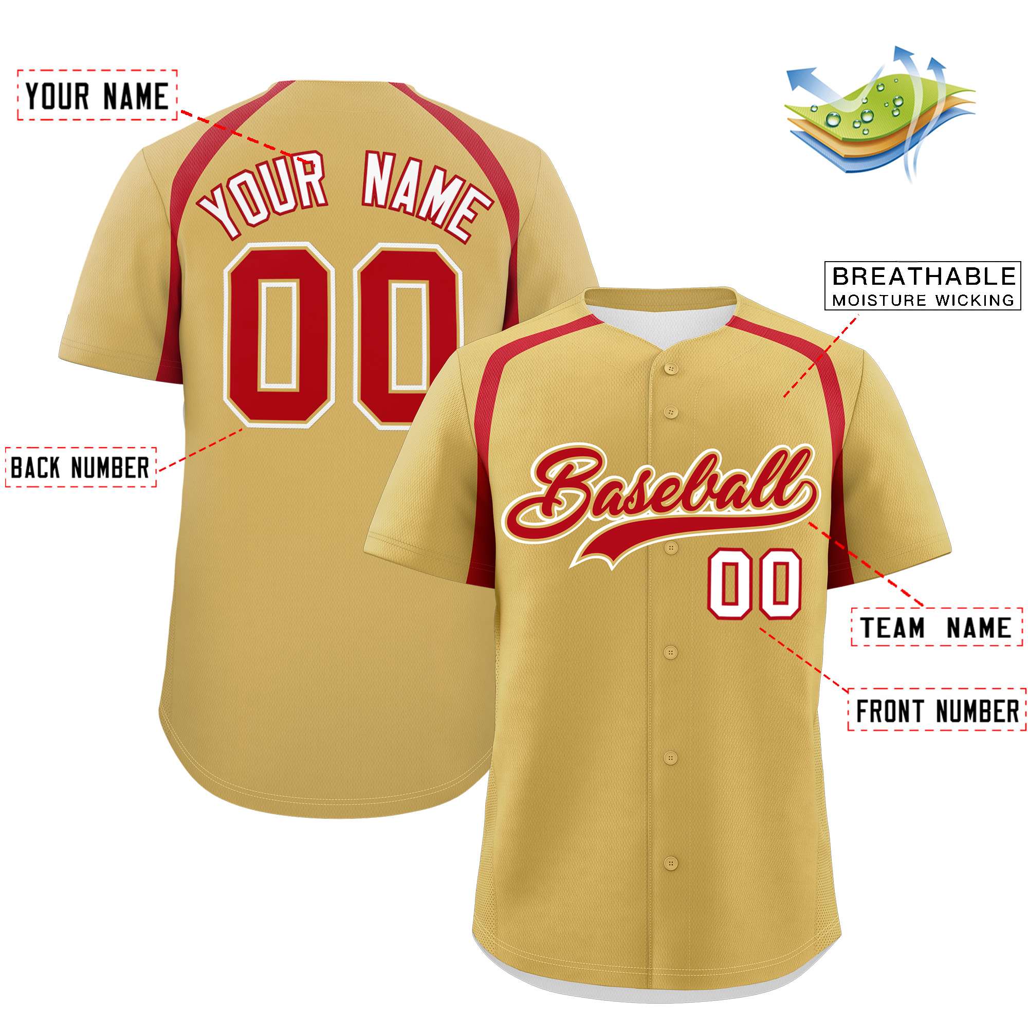 Custom Old Gold Red Personalized Color Block Authentic Baseball Jersey