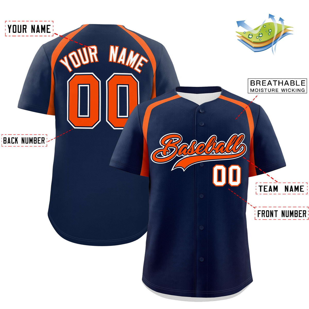 Custom Navy Orange Personalized Color Block Authentic Baseball Jersey