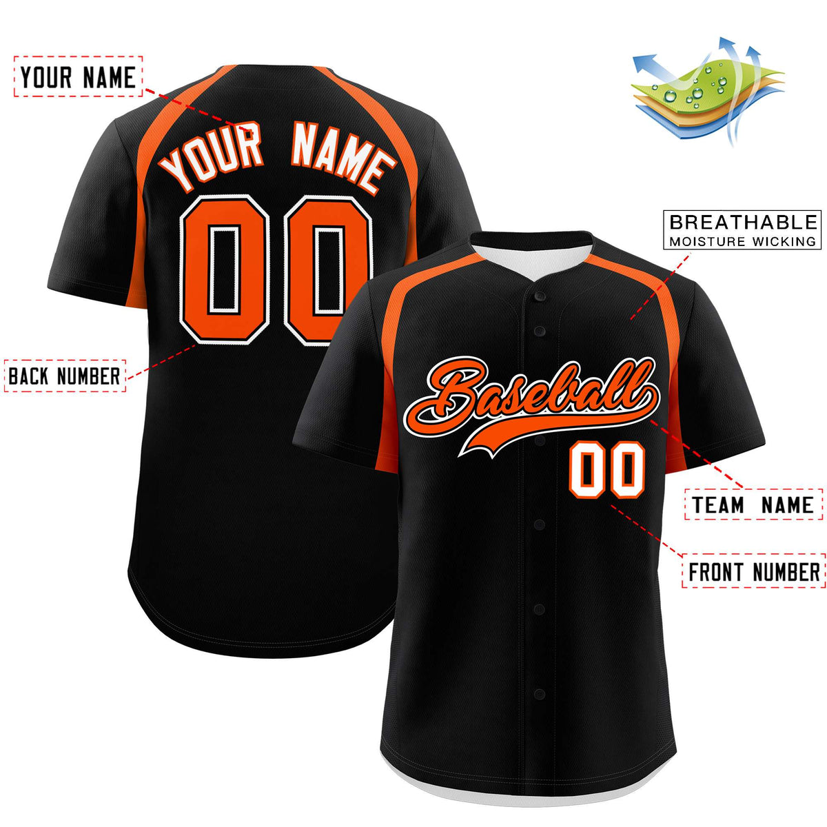 Custom Black Orange Personalized Color Block Authentic Baseball Jersey