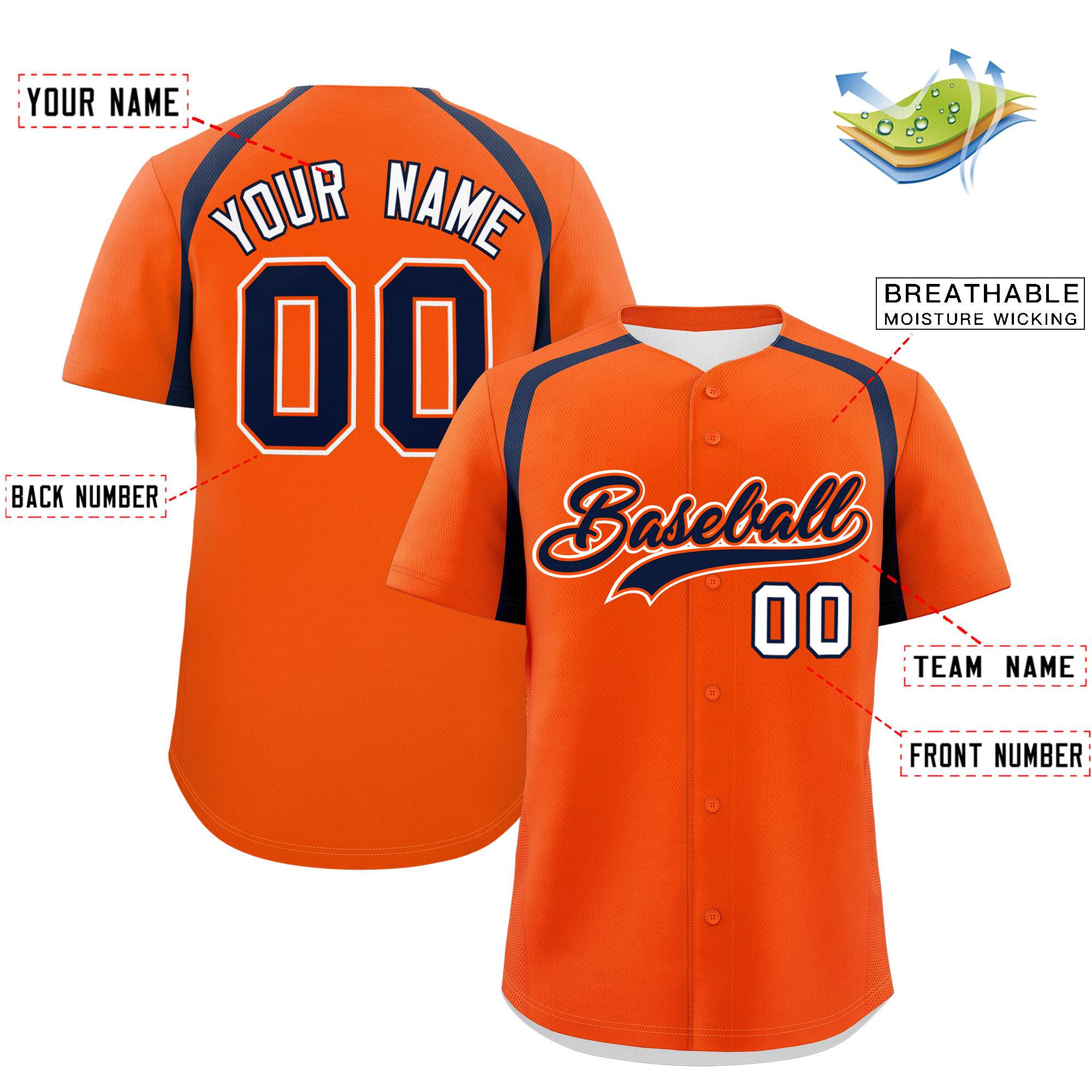 Custom Orange Navy Personalized Color Block Authentic Baseball Jersey