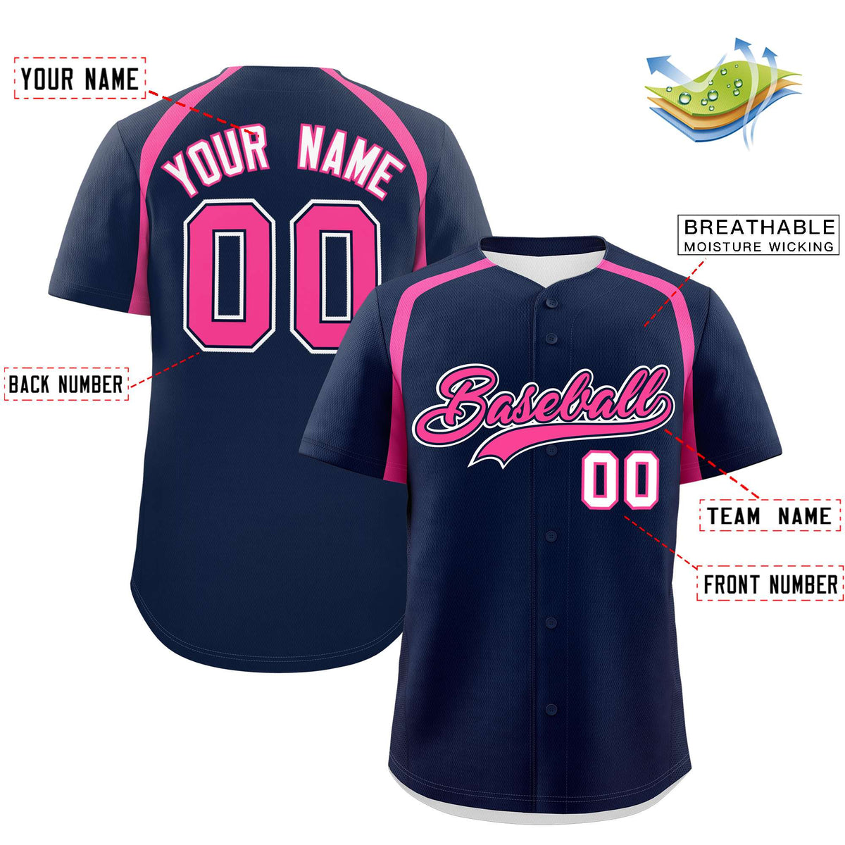 Custom Navy Pink Personalized Color Block Authentic Baseball Jersey| KXKSHOP