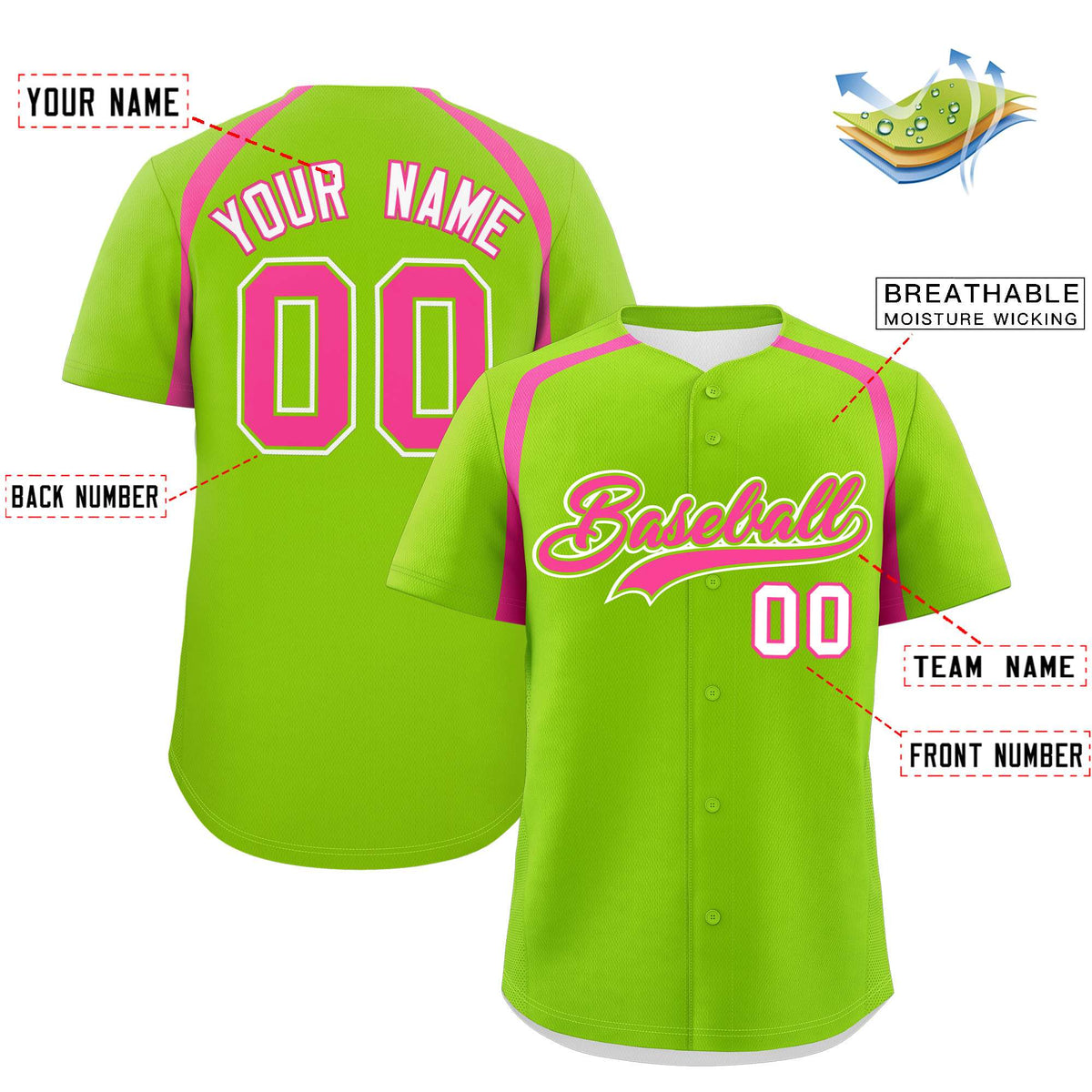 Custom Neon Green Pink Personalized Color Block Authentic Baseball Jersey| KXKSHOP