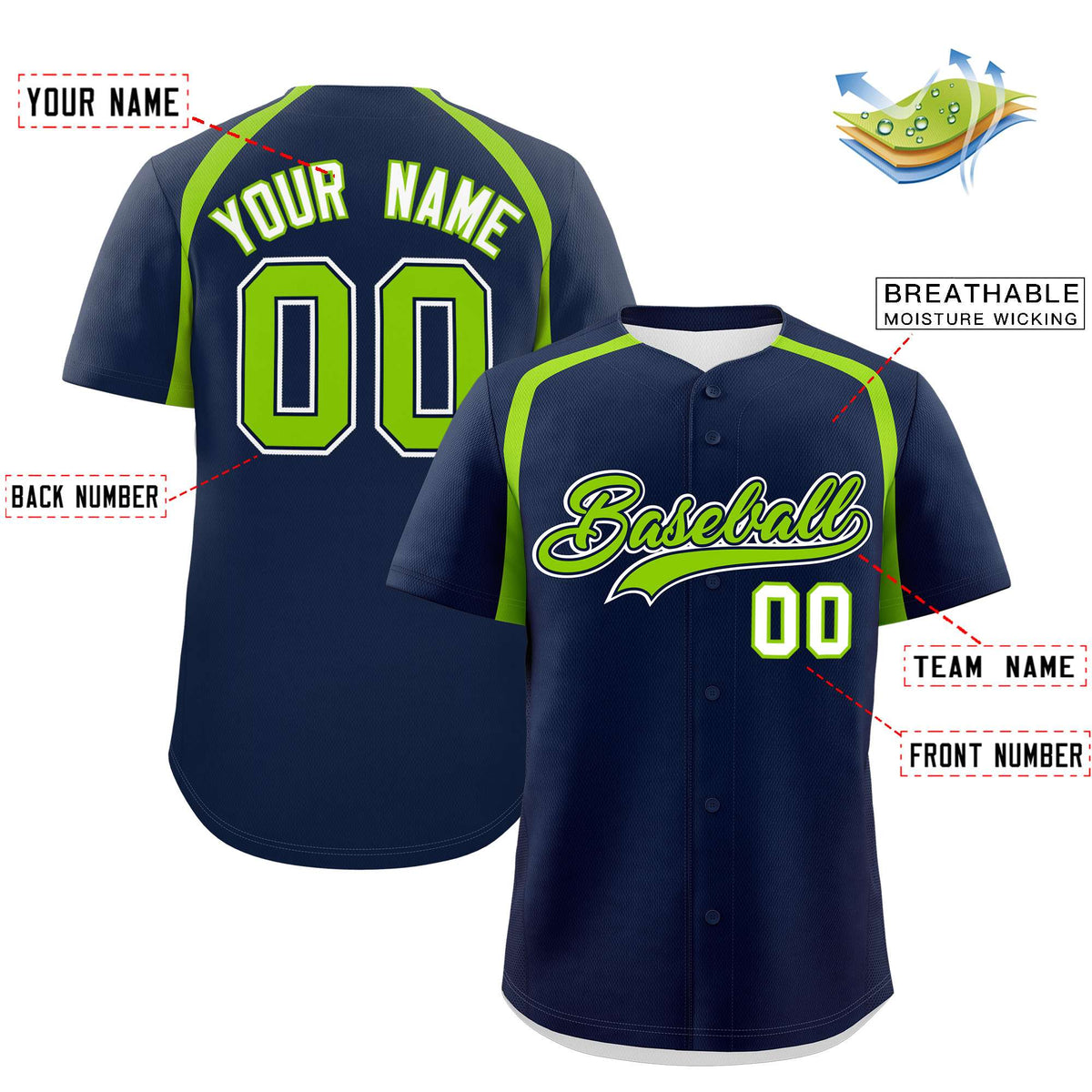 Custom Navy Neon Green Personalized Color Block Authentic Baseball Jersey| KXKSHOP